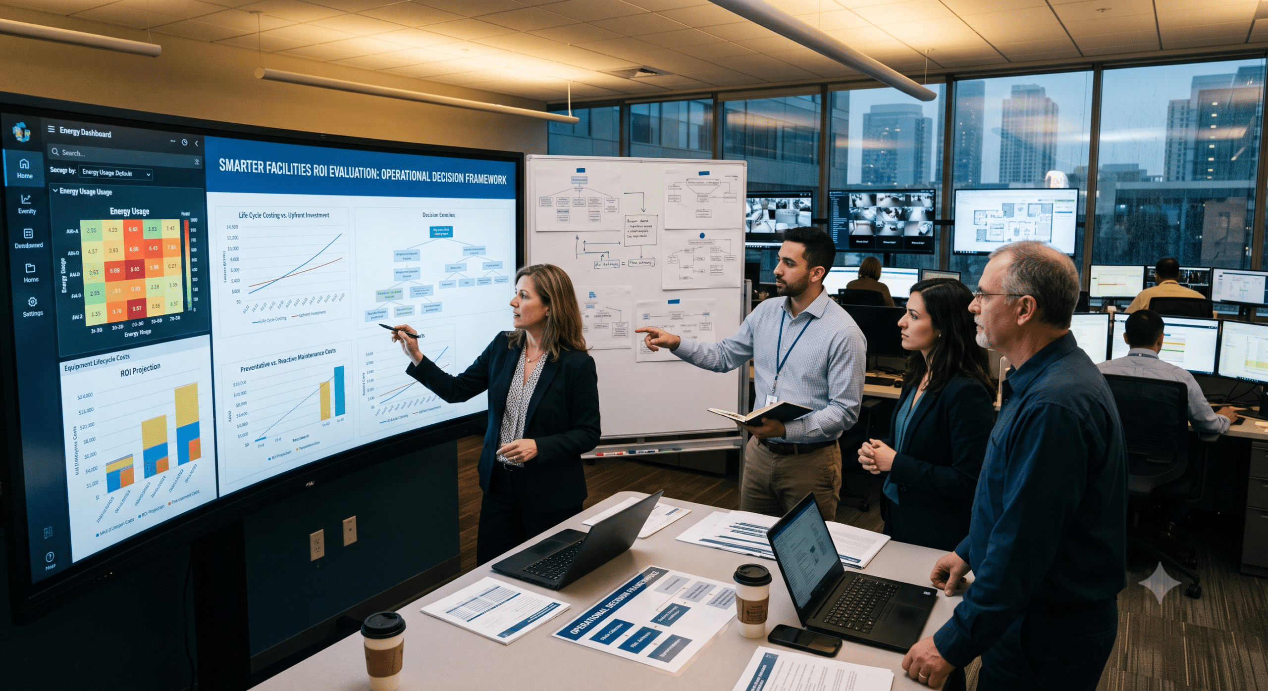 Facilities management team performing facilities ROI evaluation using operational dashboards, lifecycle cost analysis, energy monitoring, and data-driven decision frameworks.