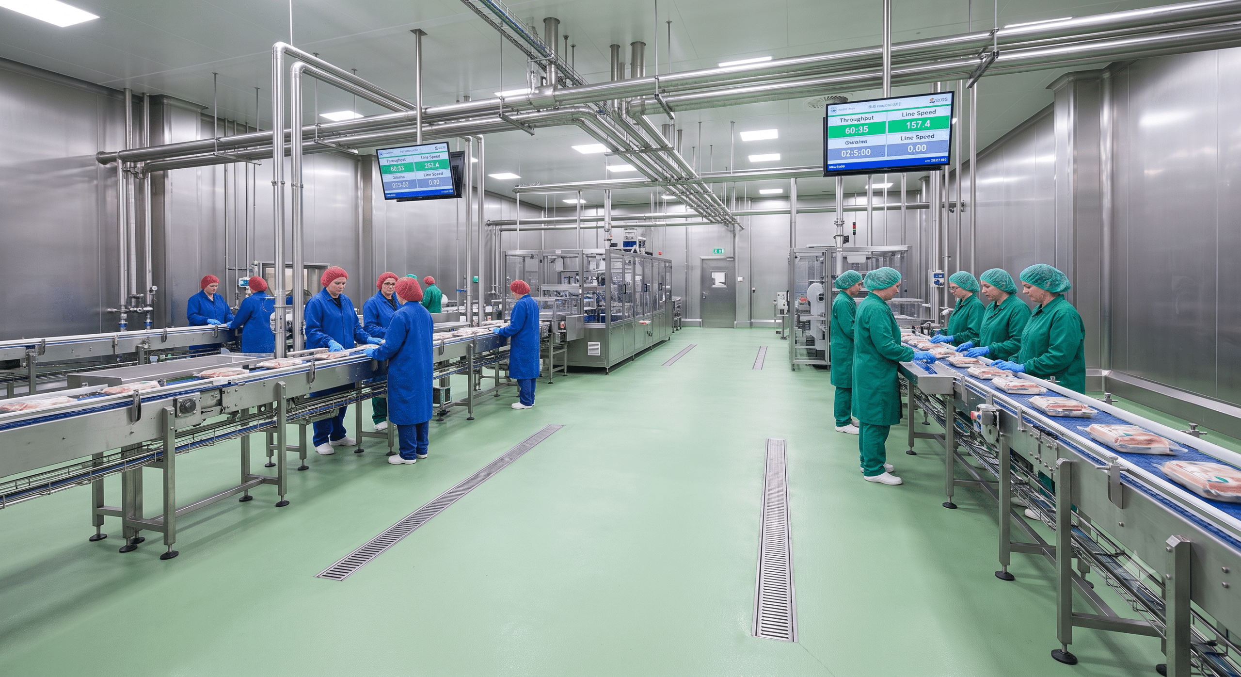 Food-grade processing facility with hygienic production lines, conveyor systems, and quality-controlled food manufacturing