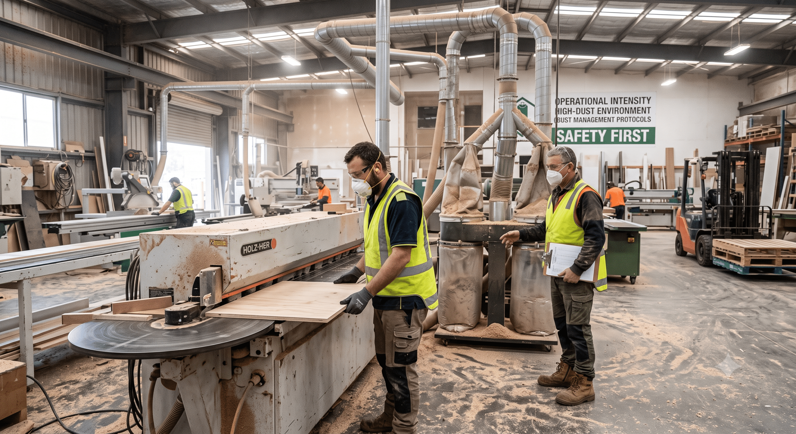 High-operational-intensity manufacturing facility with industrial woodworking equipment, dust extraction systems, safety protocols, and facility operations staff monitoring production.