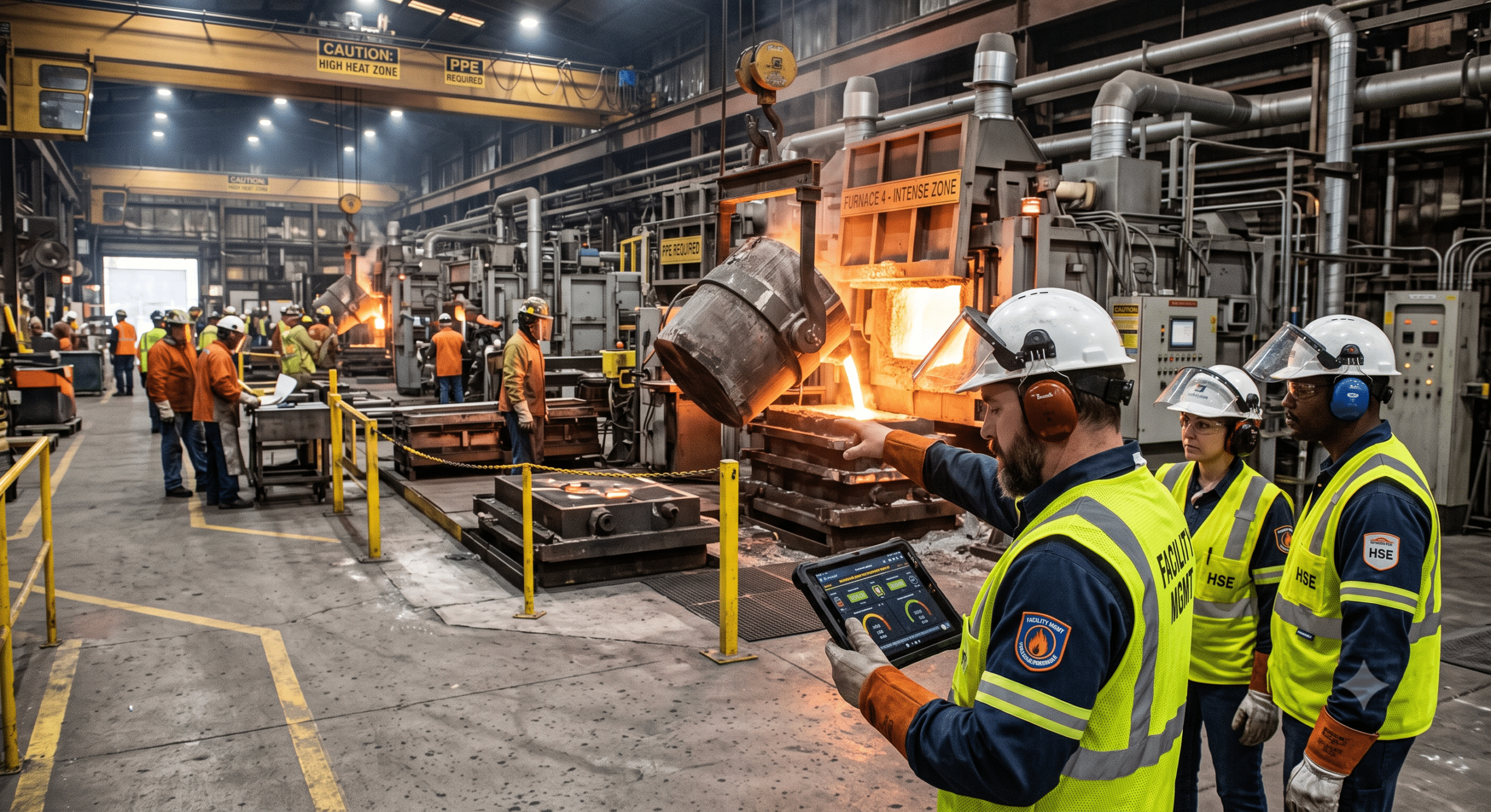 High-operational-intensity industrial foundry facility with molten metal casting, facility managers monitoring production, PPE compliance, and high-heat manufacturing operations.