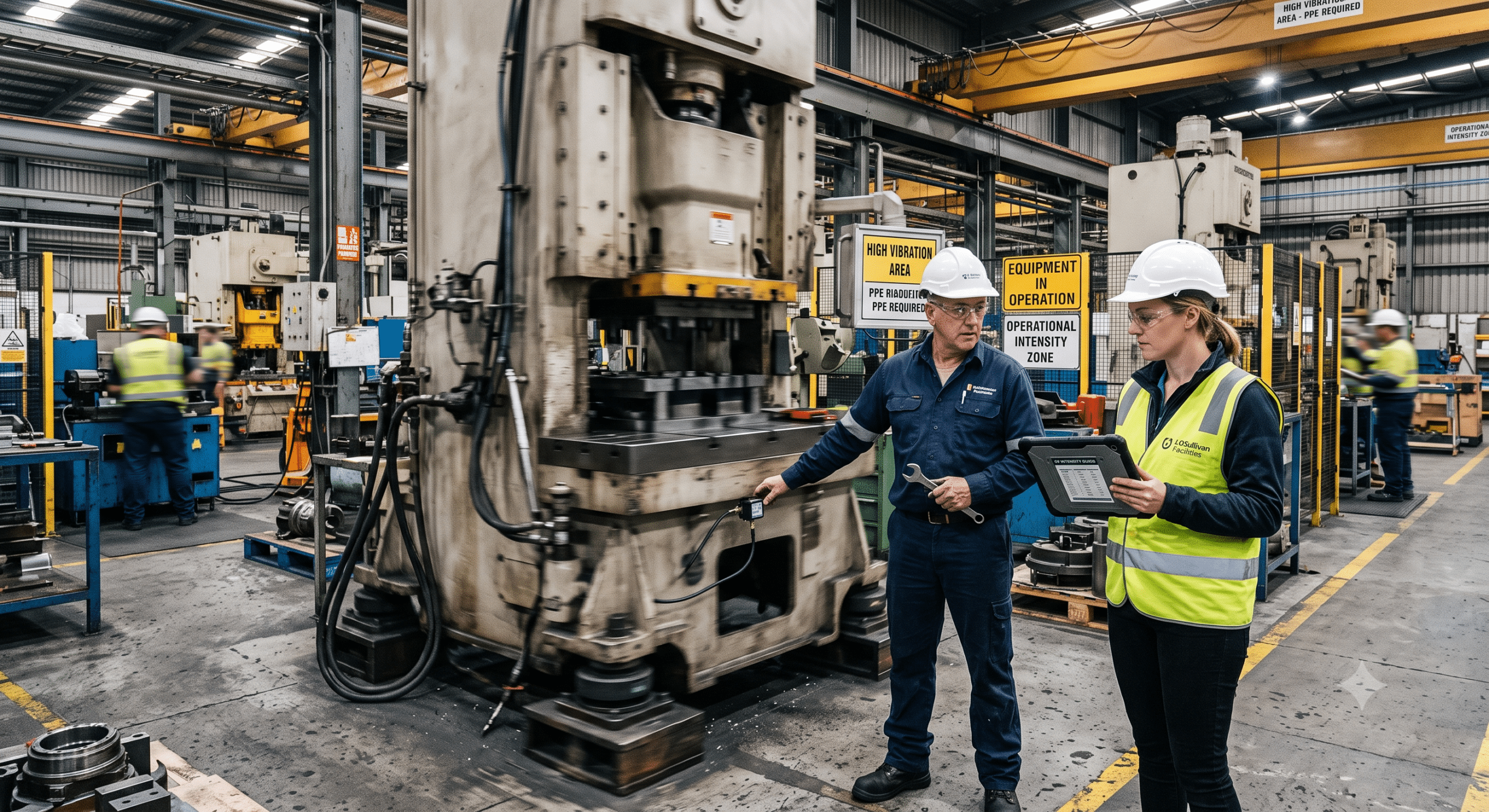 High-vibration industrial manufacturing facility with heavy stamping press, maintenance engineers inspecting machinery, vibration monitoring, and operational intensity management.