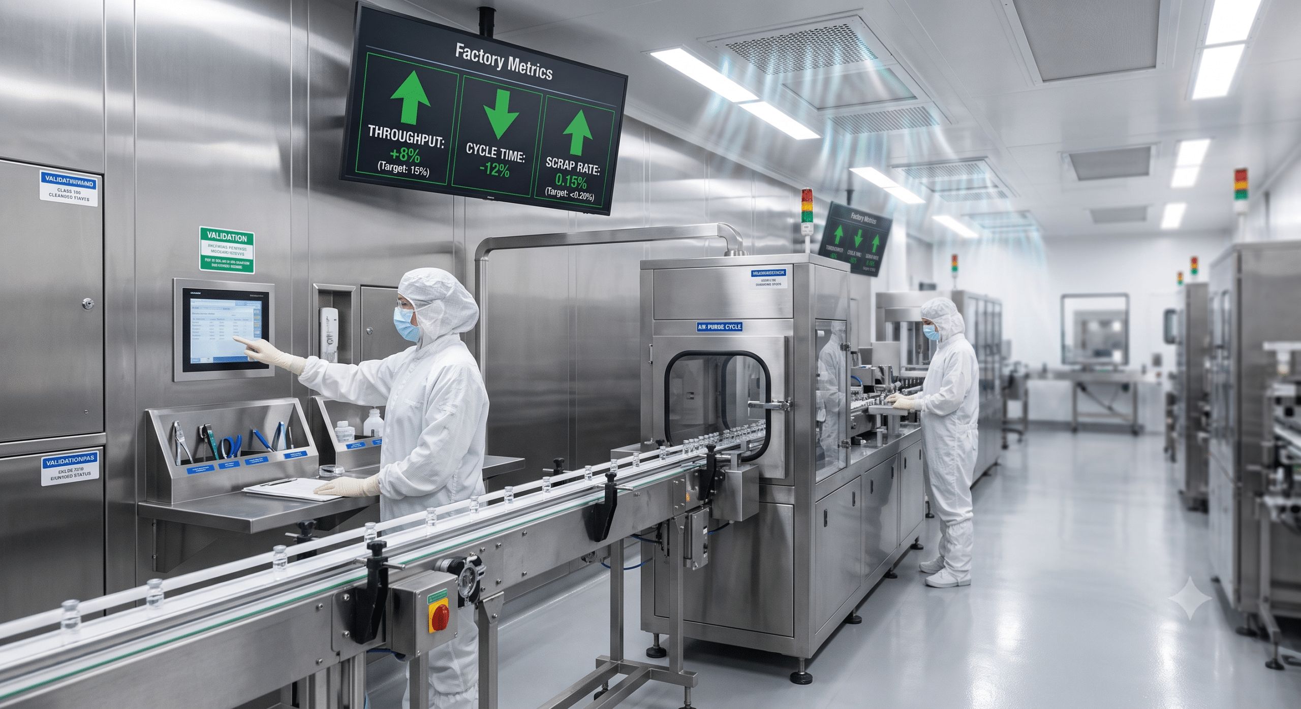 Life sciences manufacturing facility with cleanroom production line, automated packaging equipment, digital process monitoring, and sterile manufacturing workflows for regulated production.