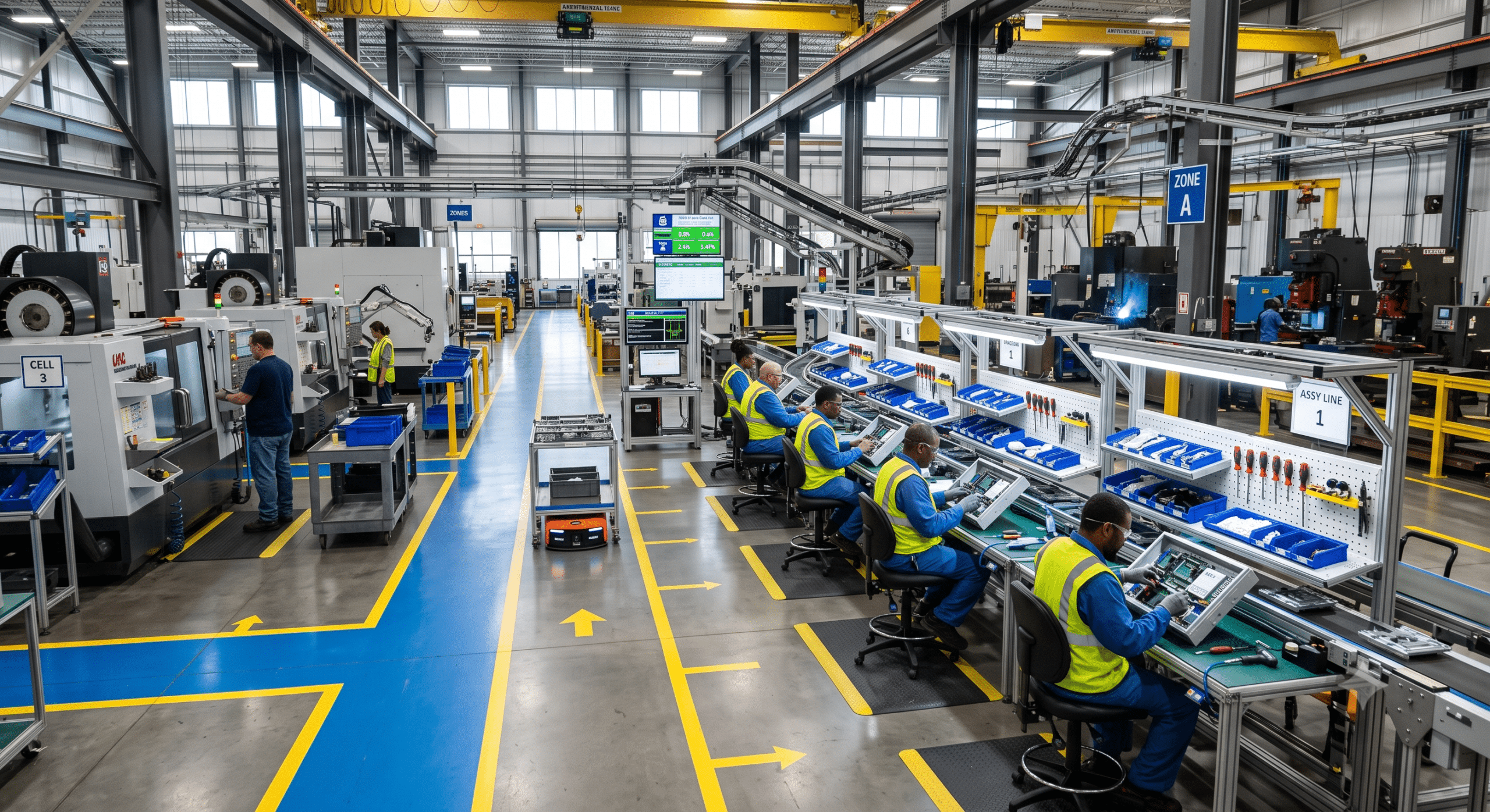 Modern manufacturing plant with CNC machines, organized assembly lines, digital production monitoring, automated material handling, and lean manufacturing workflows.