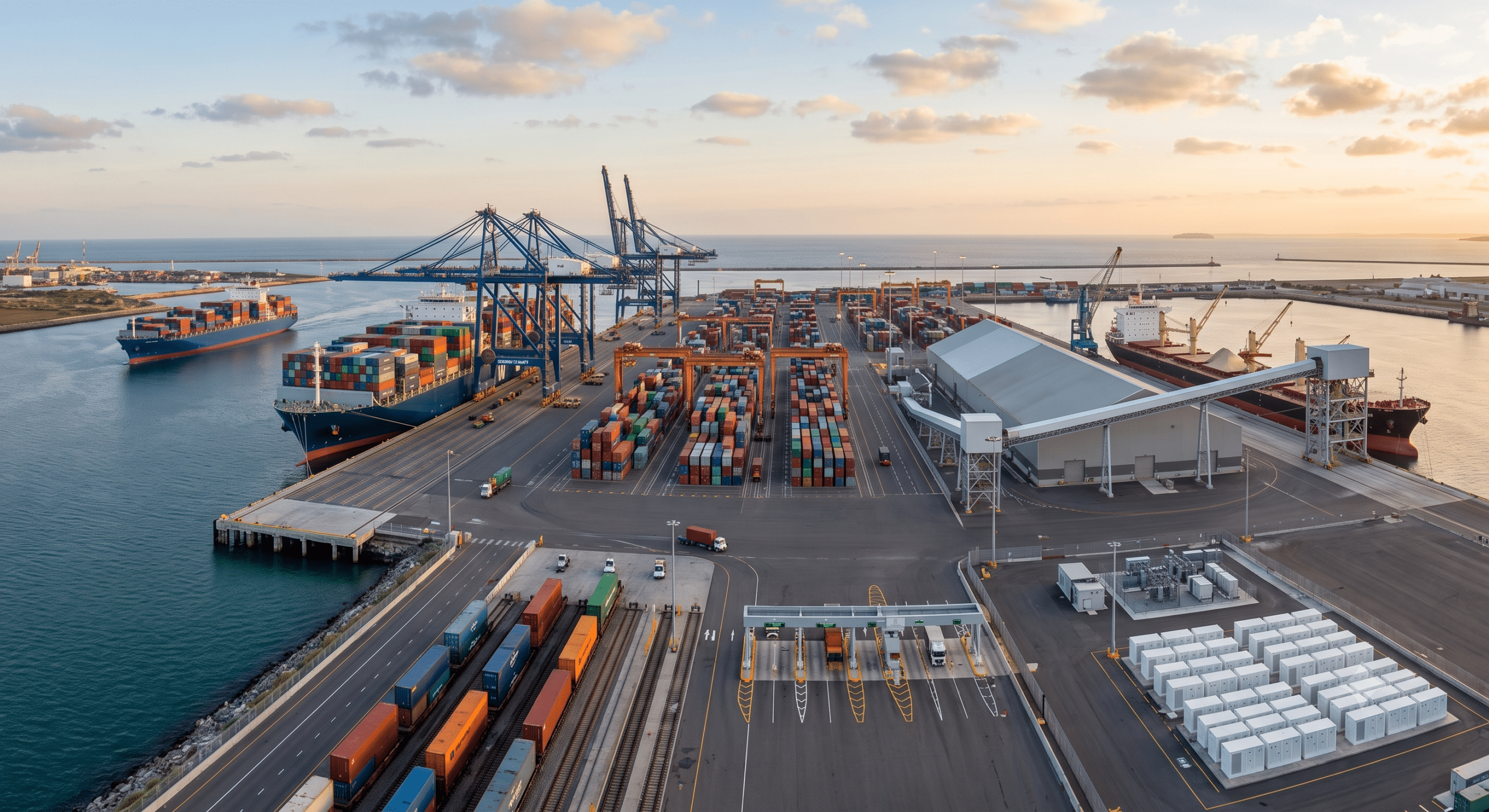 Modern marine port facility with container terminals, cargo ships, gantry cranes, warehouses, rail connections, and multimodal logistics infrastructure supporting global supply chains.