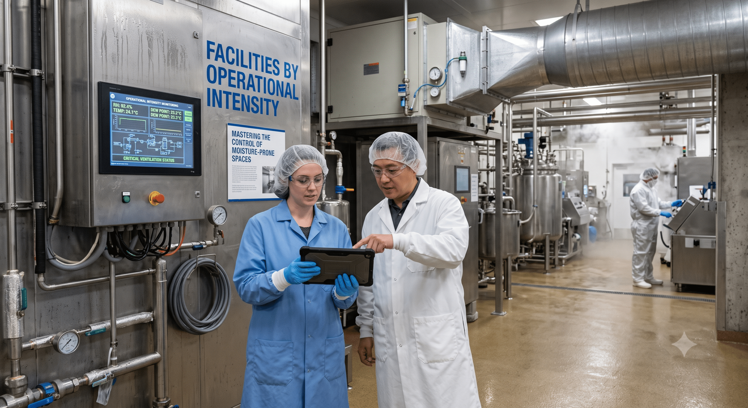 Moisture-prone industrial facility with HVAC ventilation systems, humidity monitoring controls, and facility managers reviewing environmental conditions in a clean manufacturing environmen