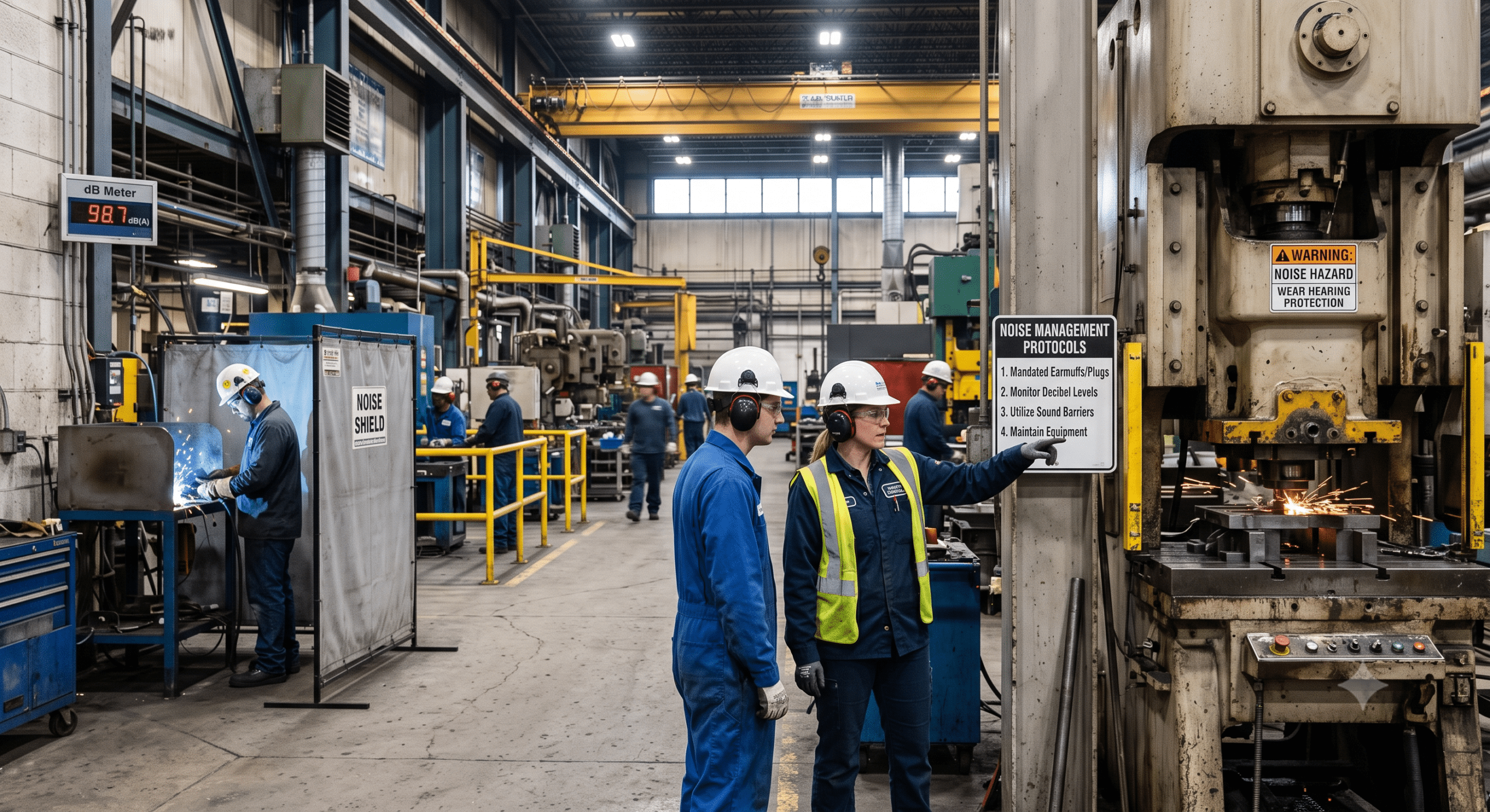 Noise-intensive industrial facility with heavy stamping press, welding station, noise monitoring system, hearing protection, and facility managers enforcing workplace noise control measures.