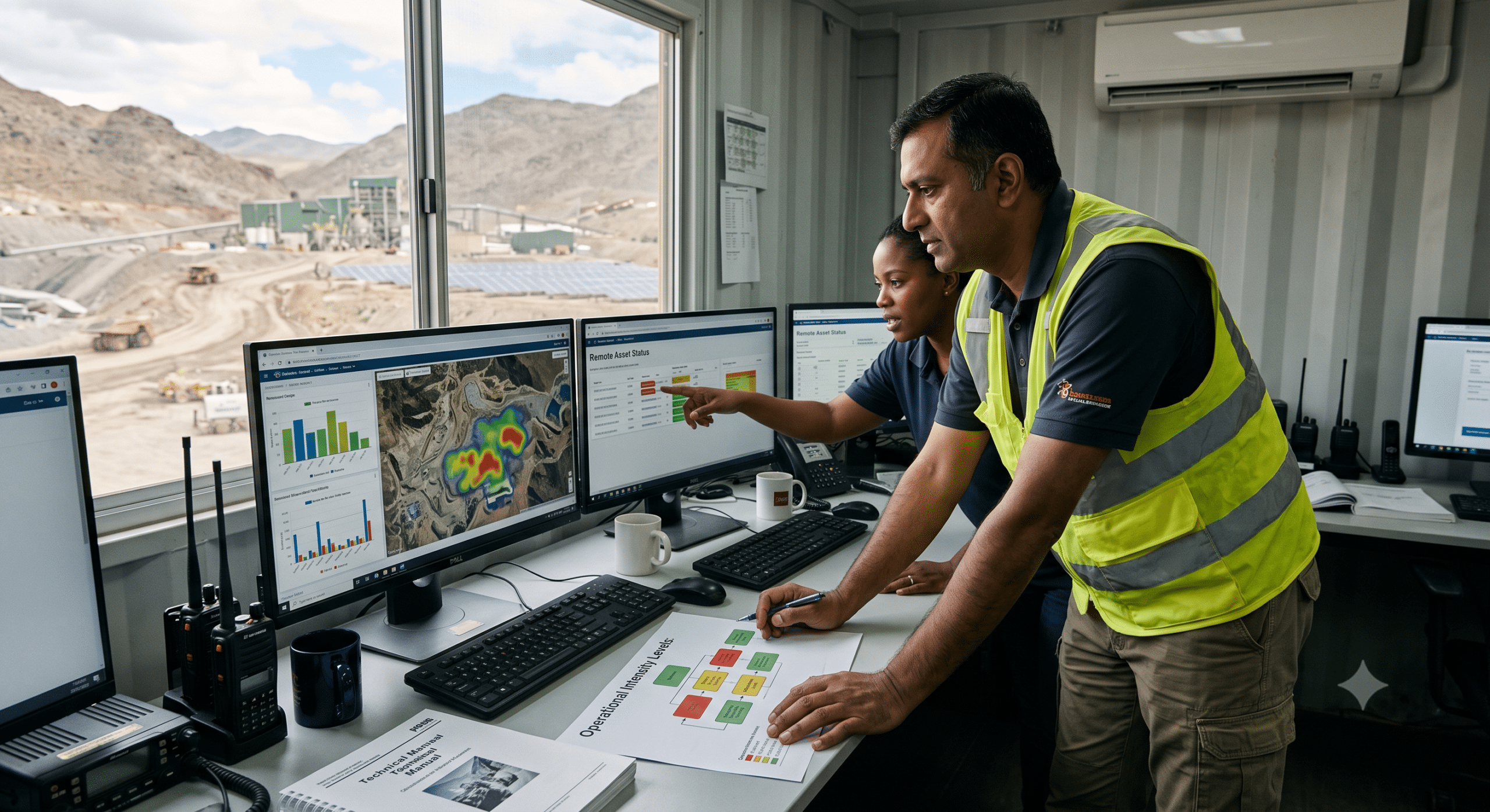 Temporary or mobile workspaces at remote project sites with facility managers monitoring operational data, asset performance, and field activities from a modular site office.