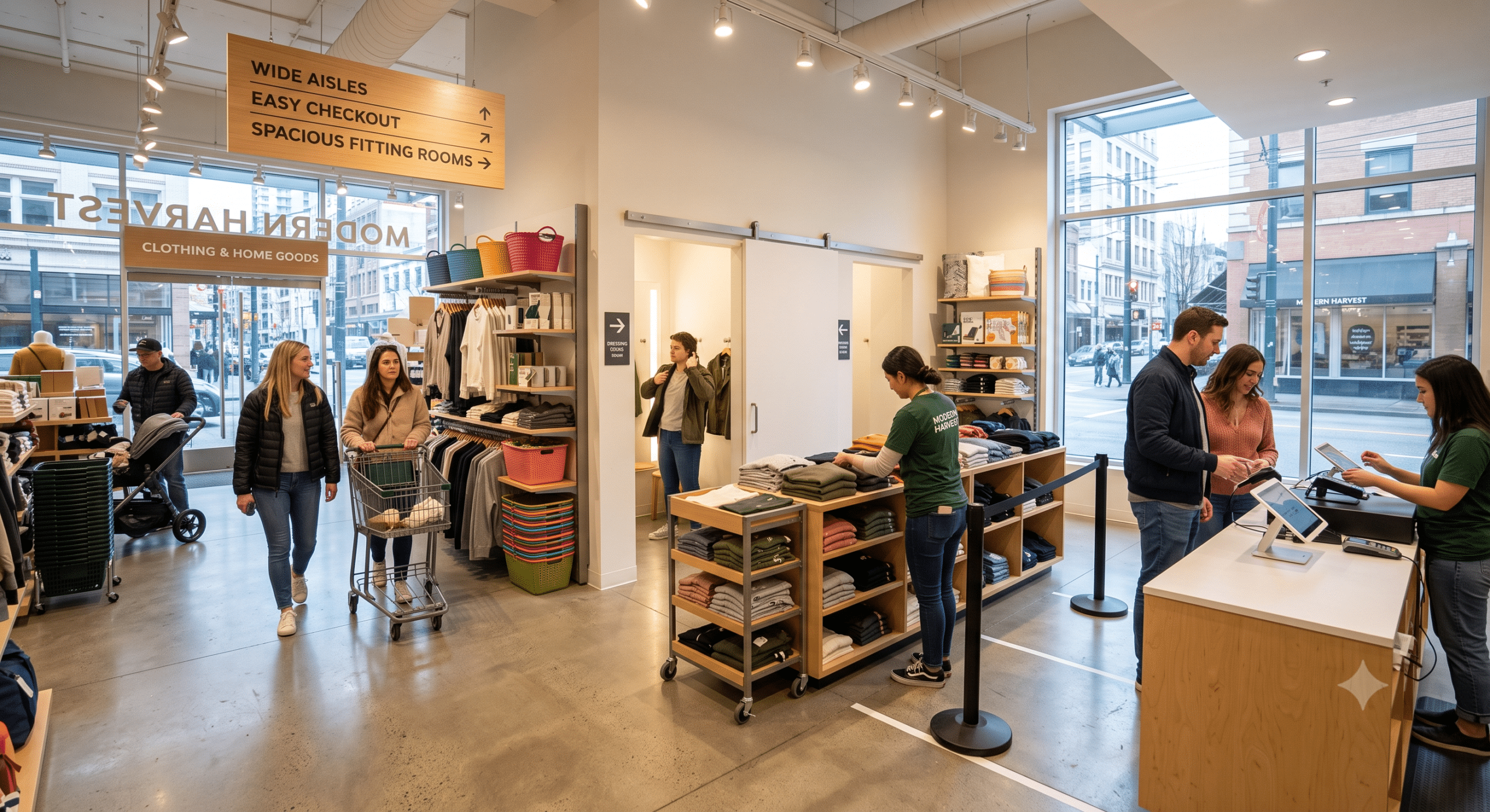 Modern retail storefront with wide aisles, organized merchandise displays, fitting rooms, checkout counters, and an optimized shopping experience for customers.