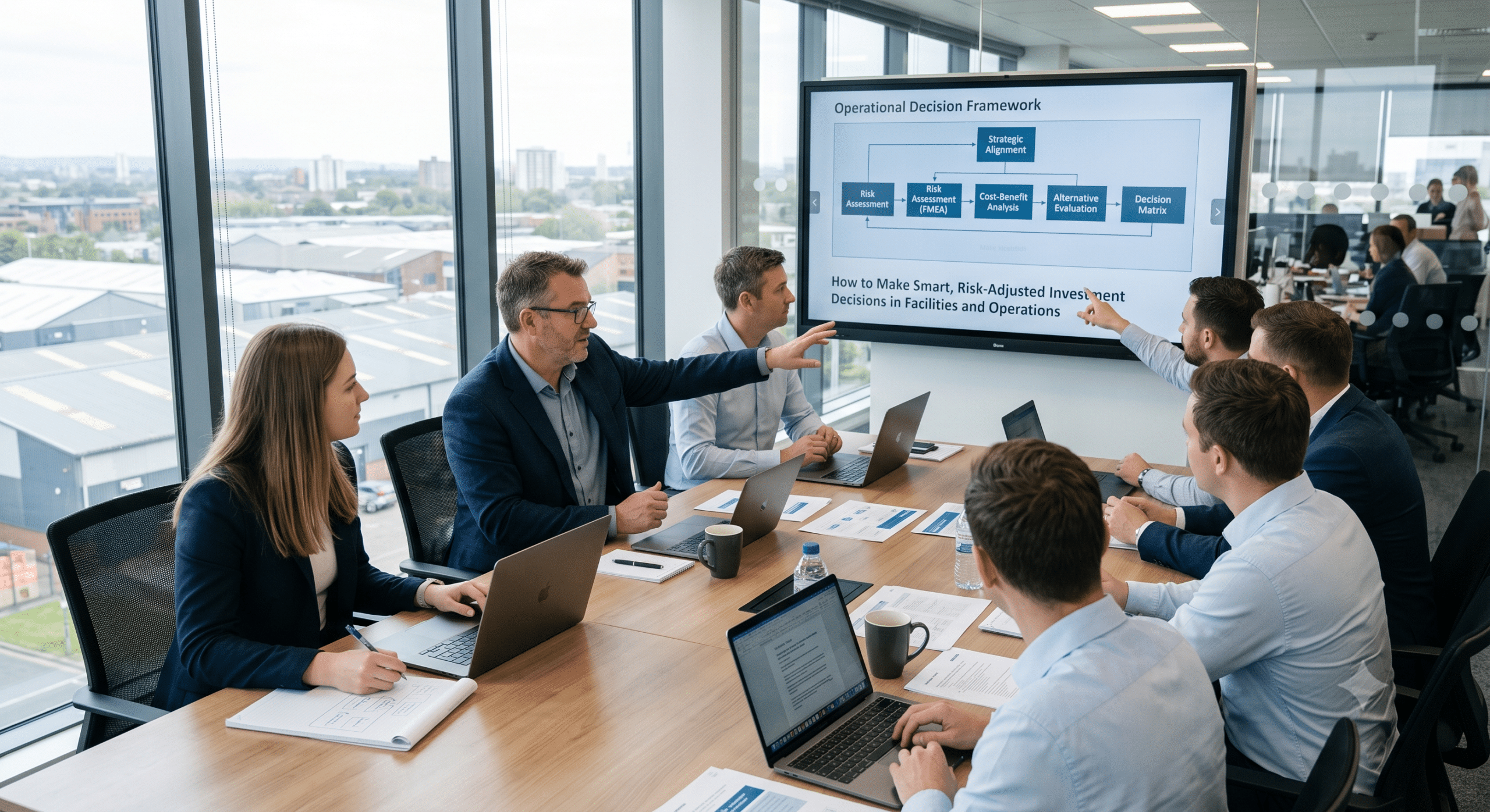 Business leaders discussing risk-adjusted investment decisions using an operational decision framework to evaluate facility investments, risk assessment, and capital allocation.