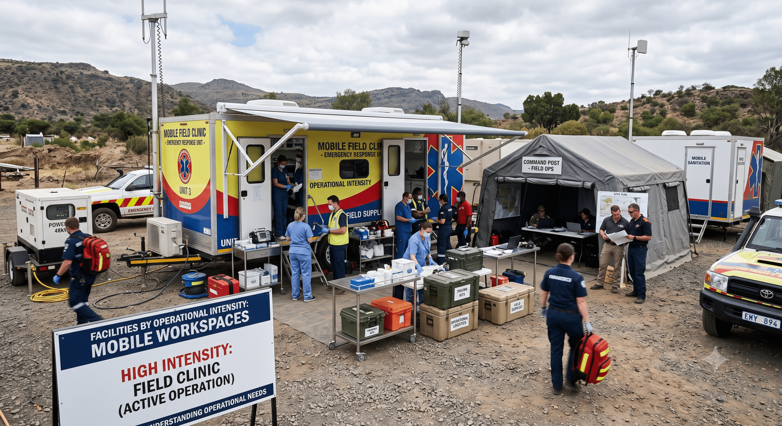 Temporary or mobile workspaces supporting a high-intensity emergency response field clinic with modular medical units, mobile command center, and deployable healthcare facilities.