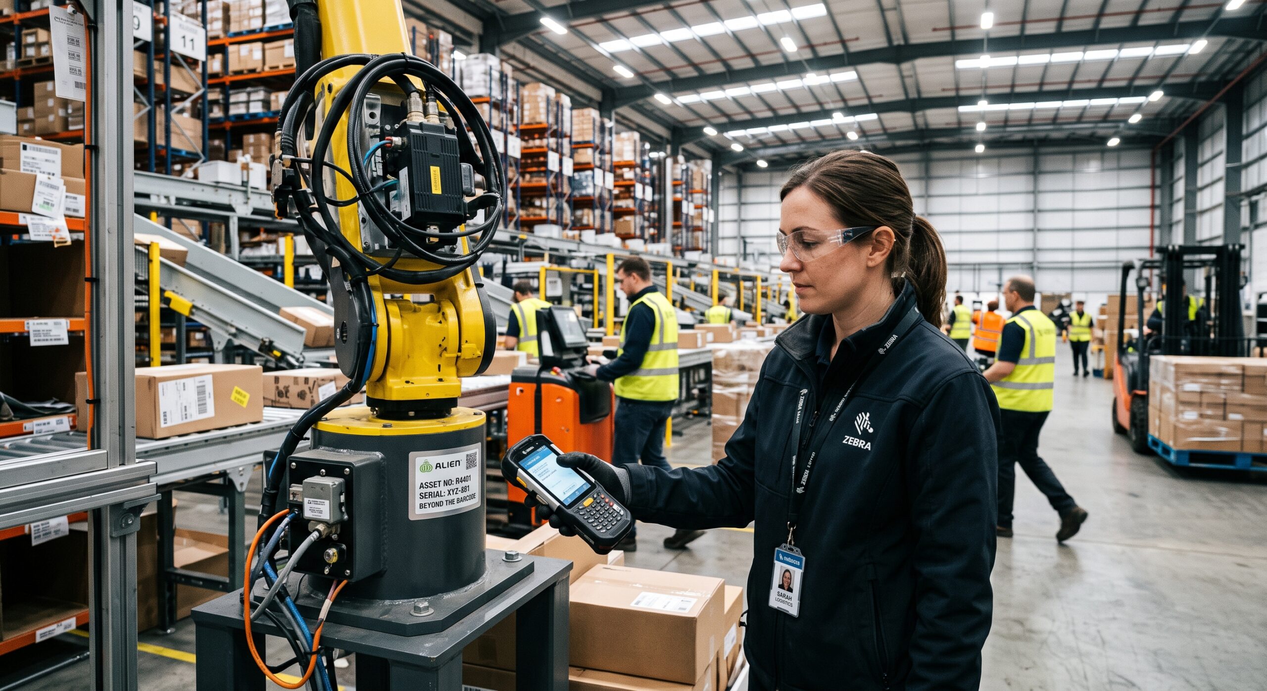 Industrial asset tagging system with a technician scanning a robotic machine using a handheld barcode device in a warehouse