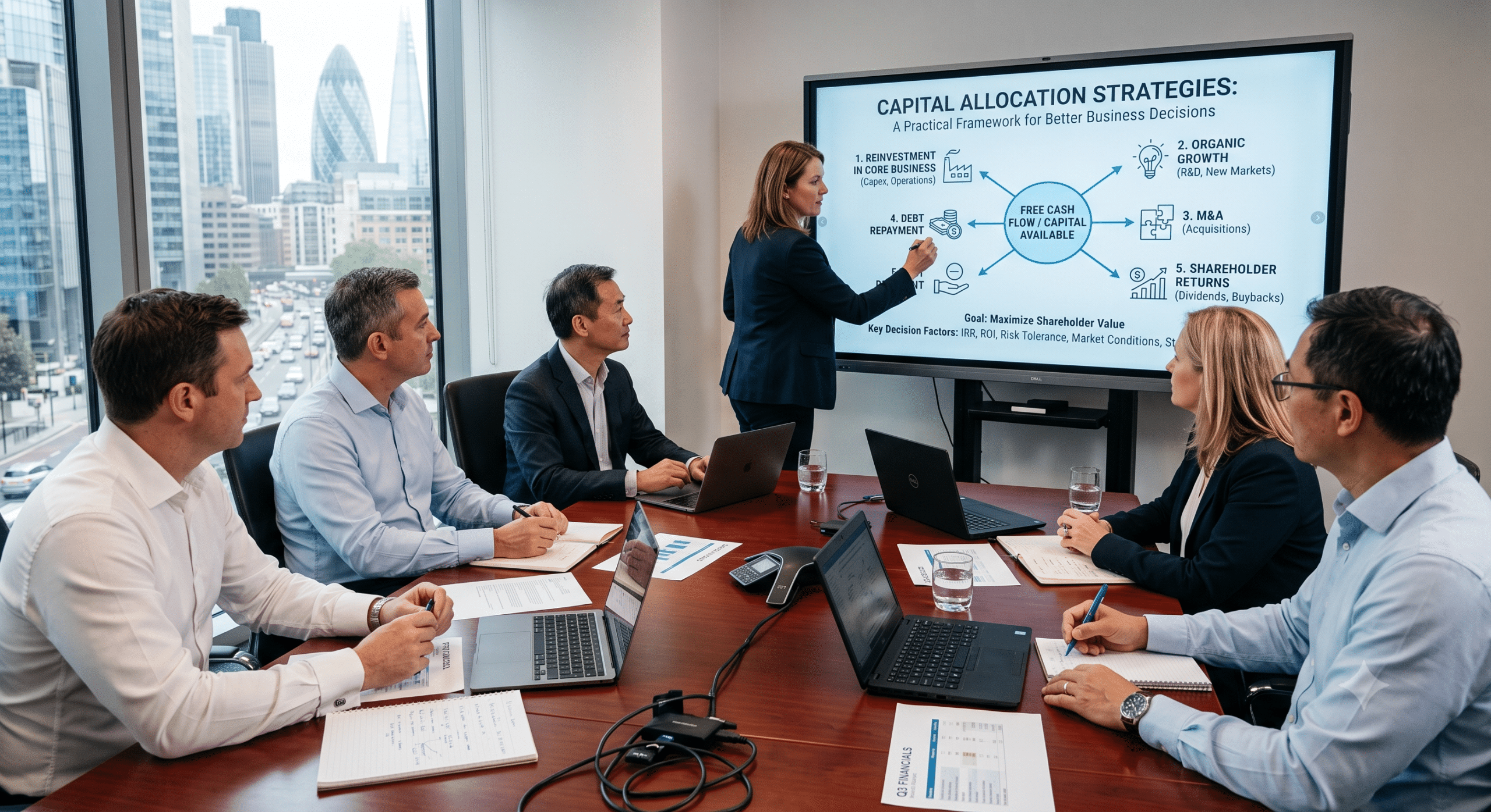 Capital allocation strategies presentation during a finance business meeting focused on investment decisions and shareholder value