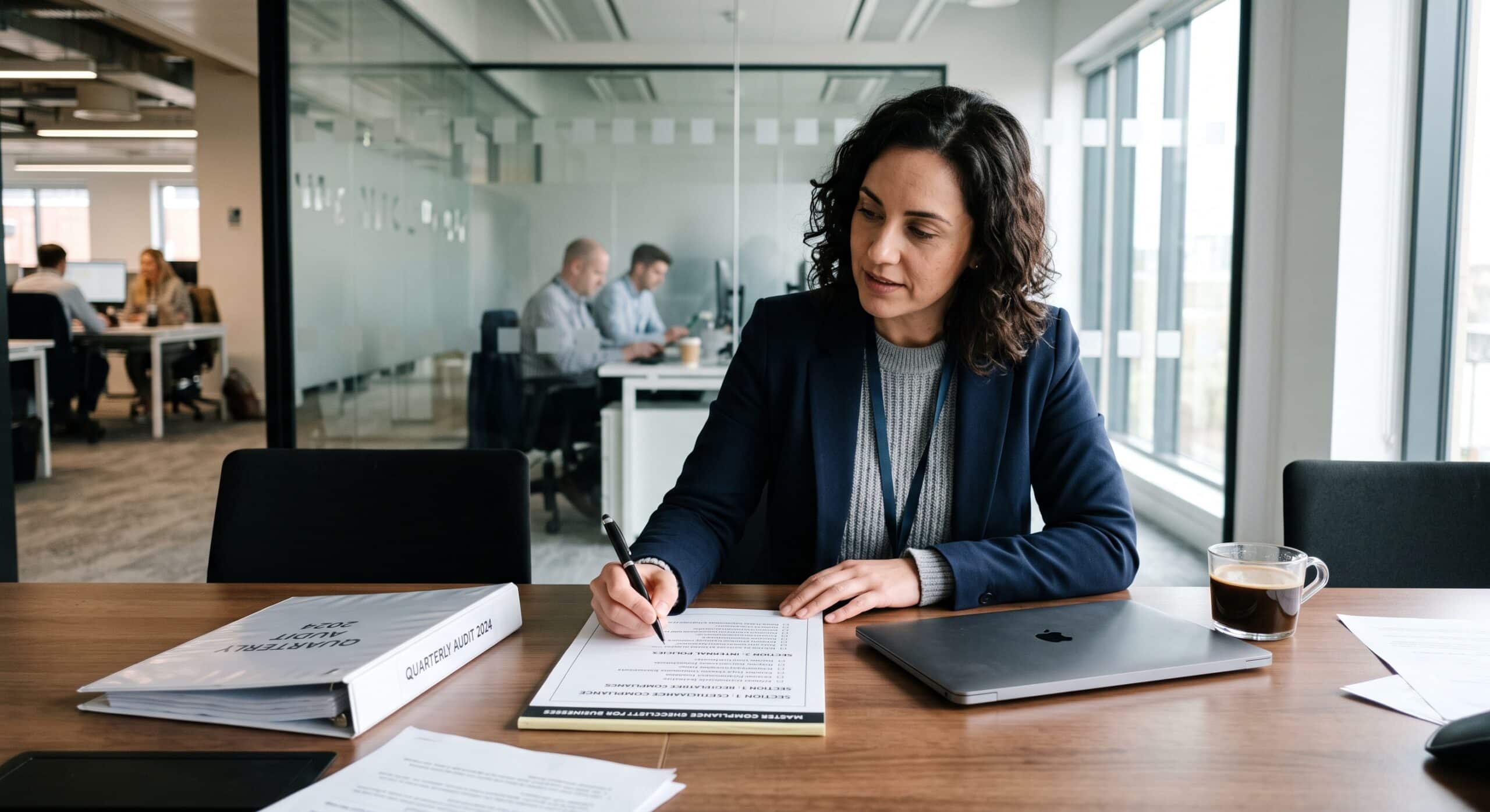 Compliance professional reviewing audit documents and compliance records at an office desk