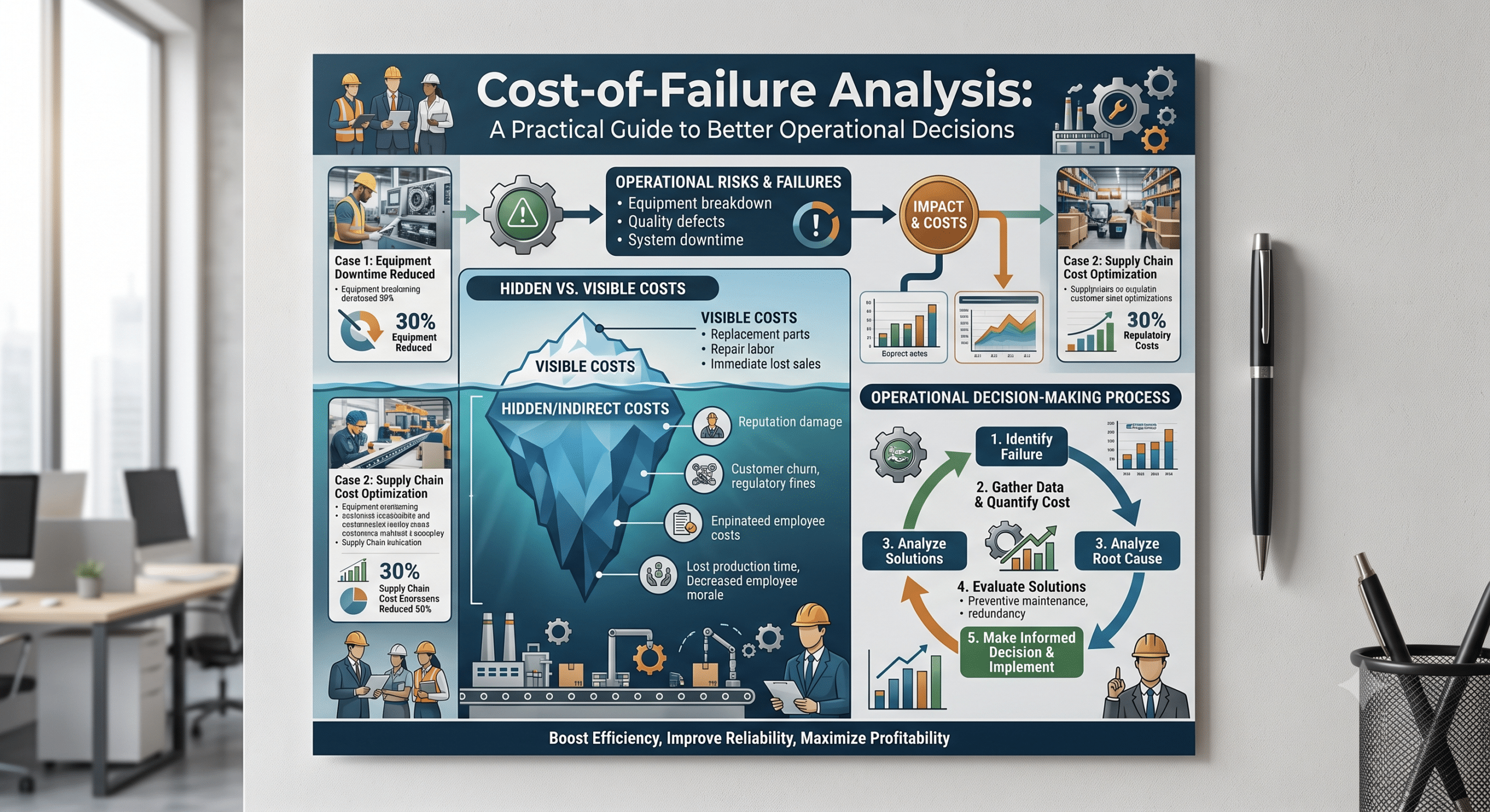 Cost-of-failure analysis infographic showing operational risks, hidden and visible costs, and the decision-making process.