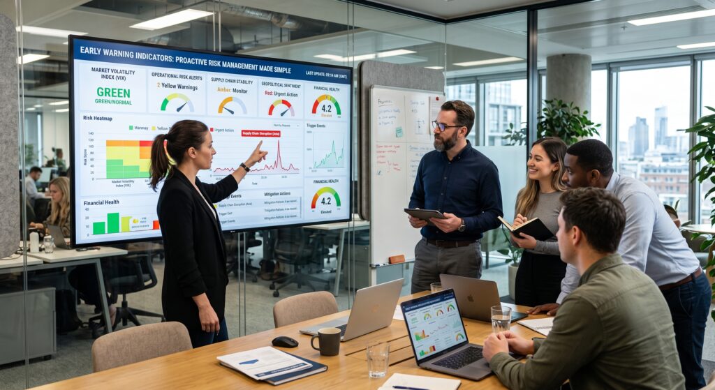 Team reviewing early warning indicators, risk heatmaps, operational alerts, and financial health dashboards for proactive risk management