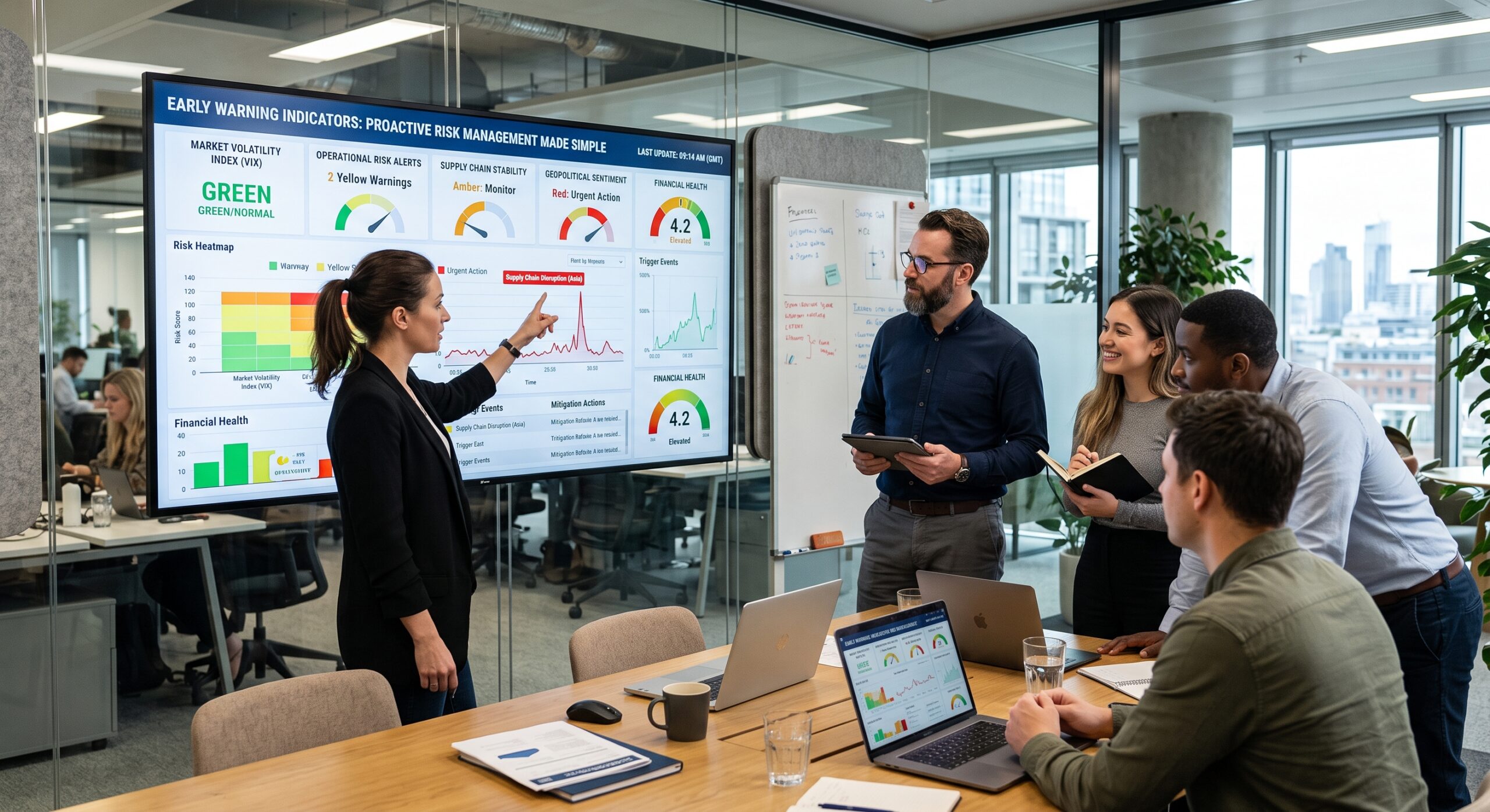 Team reviewing early warning indicators, risk heatmaps, operational alerts, and financial health dashboards for proactive risk management