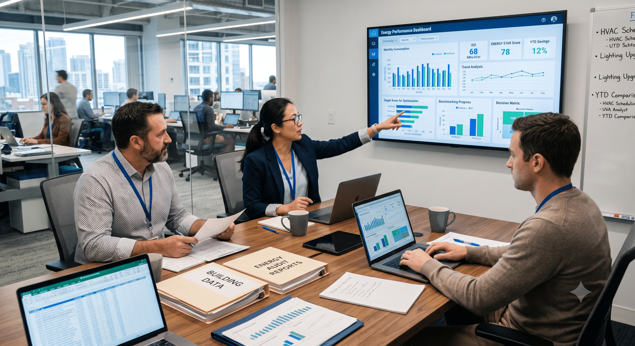 Energy performance benchmarking team reviewing building energy data and optimization dashboard