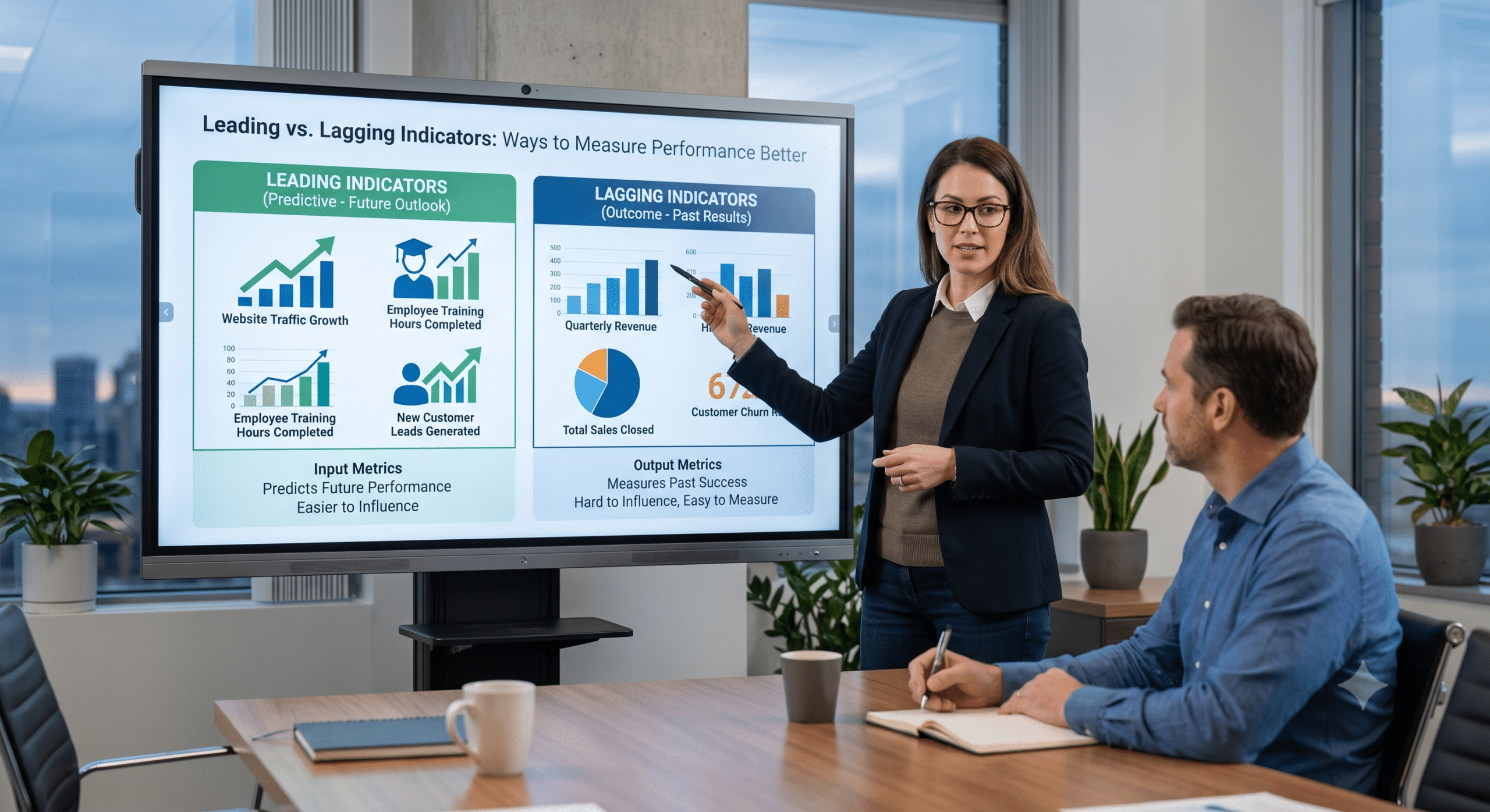 Leading vs lagging indicators presentation comparing predictive performance metrics and past business results