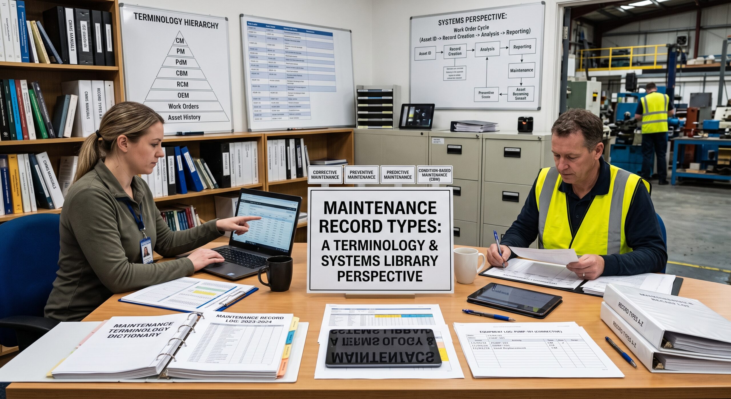 Maintenance record types and terminology workshop showing maintenance professionals reviewing corrective, preventive, predictive, and condition-based maintenance system