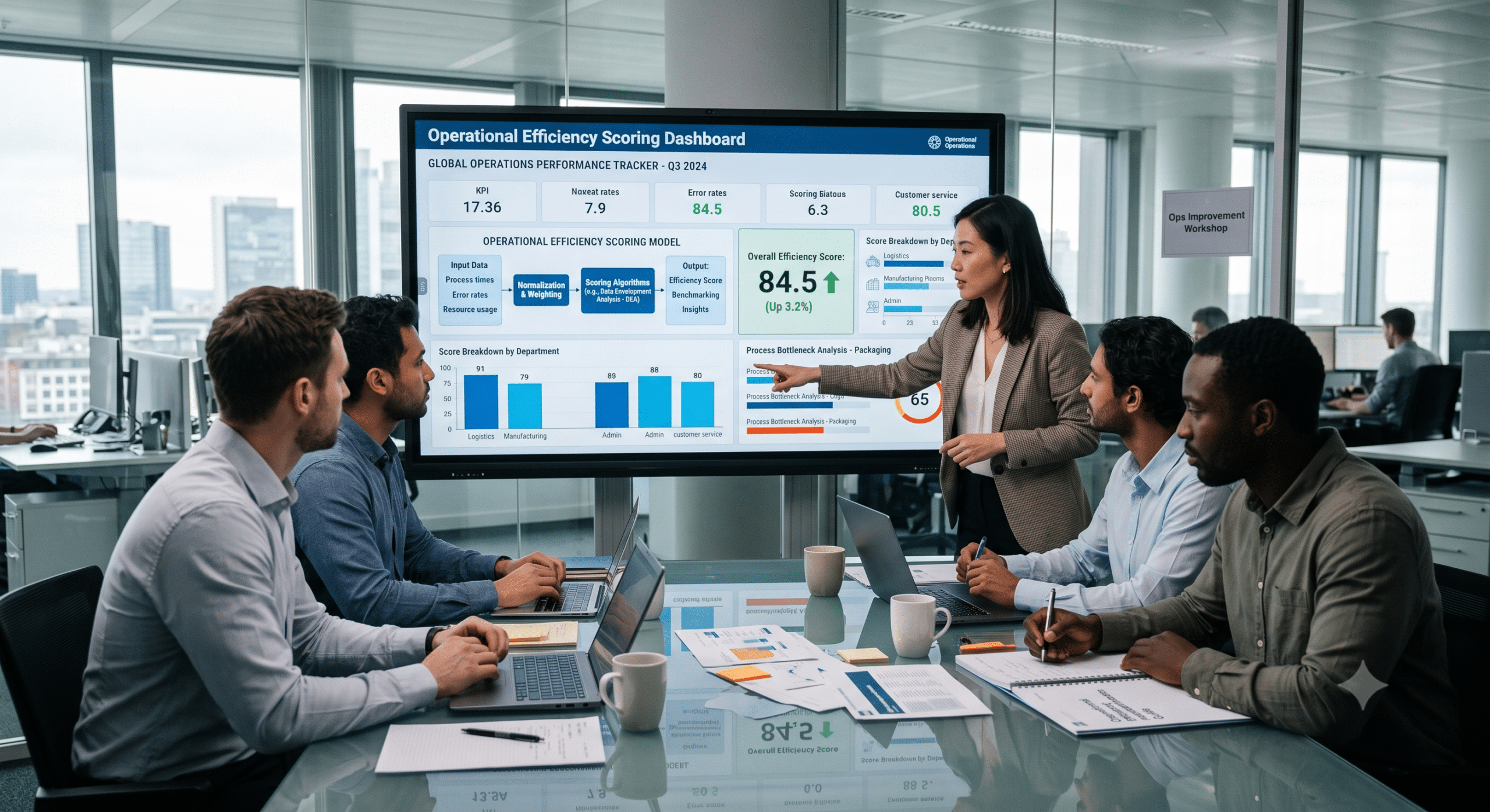 Operational efficiency scoring models dashboard reviewed by analytics and operations team