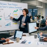 Team analyzing performance trends using charts, data dashboards, and continuous improvement metrics in an office