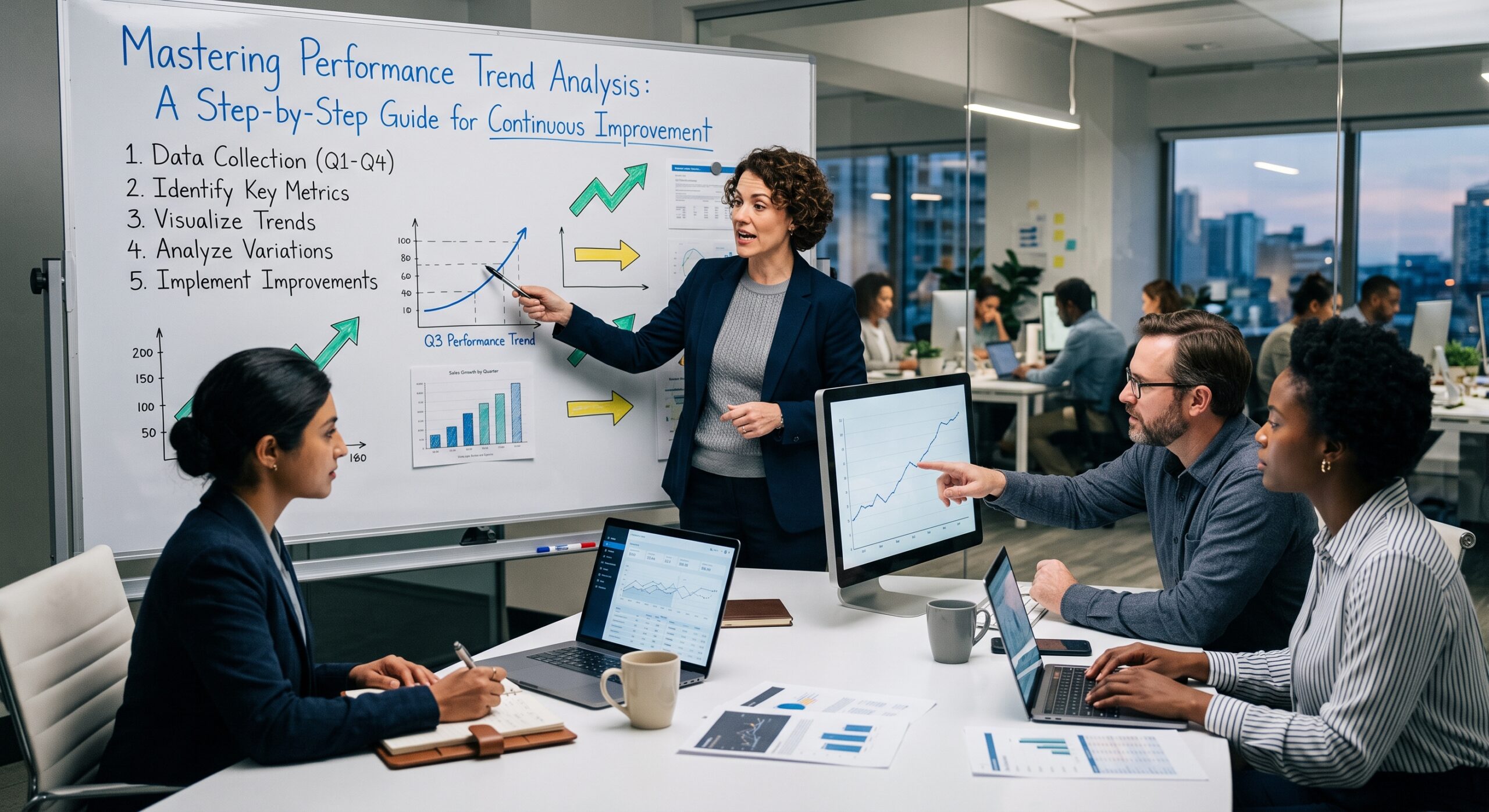 Team analyzing performance trends using charts, data dashboards, and continuous improvement metrics in an office