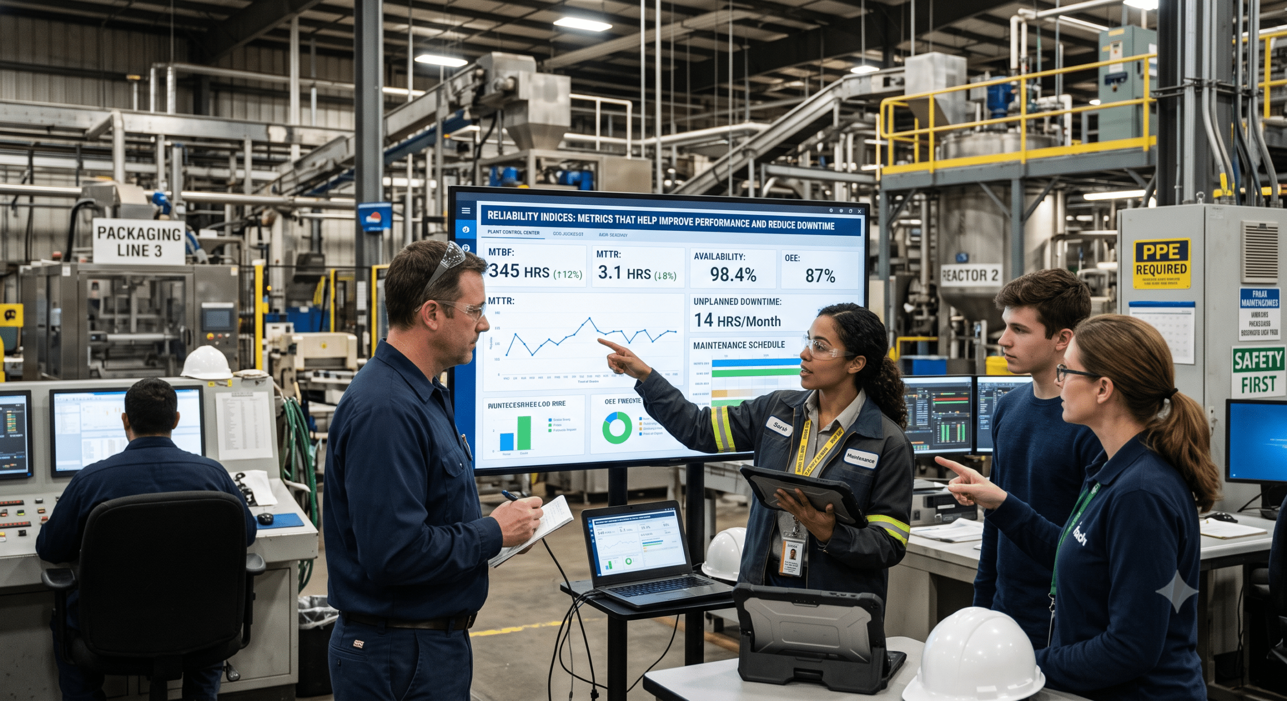 Reliability indices dashboard showing MTBF, MTTR, availability, OEE, and downtime metrics in a manufacturing facility