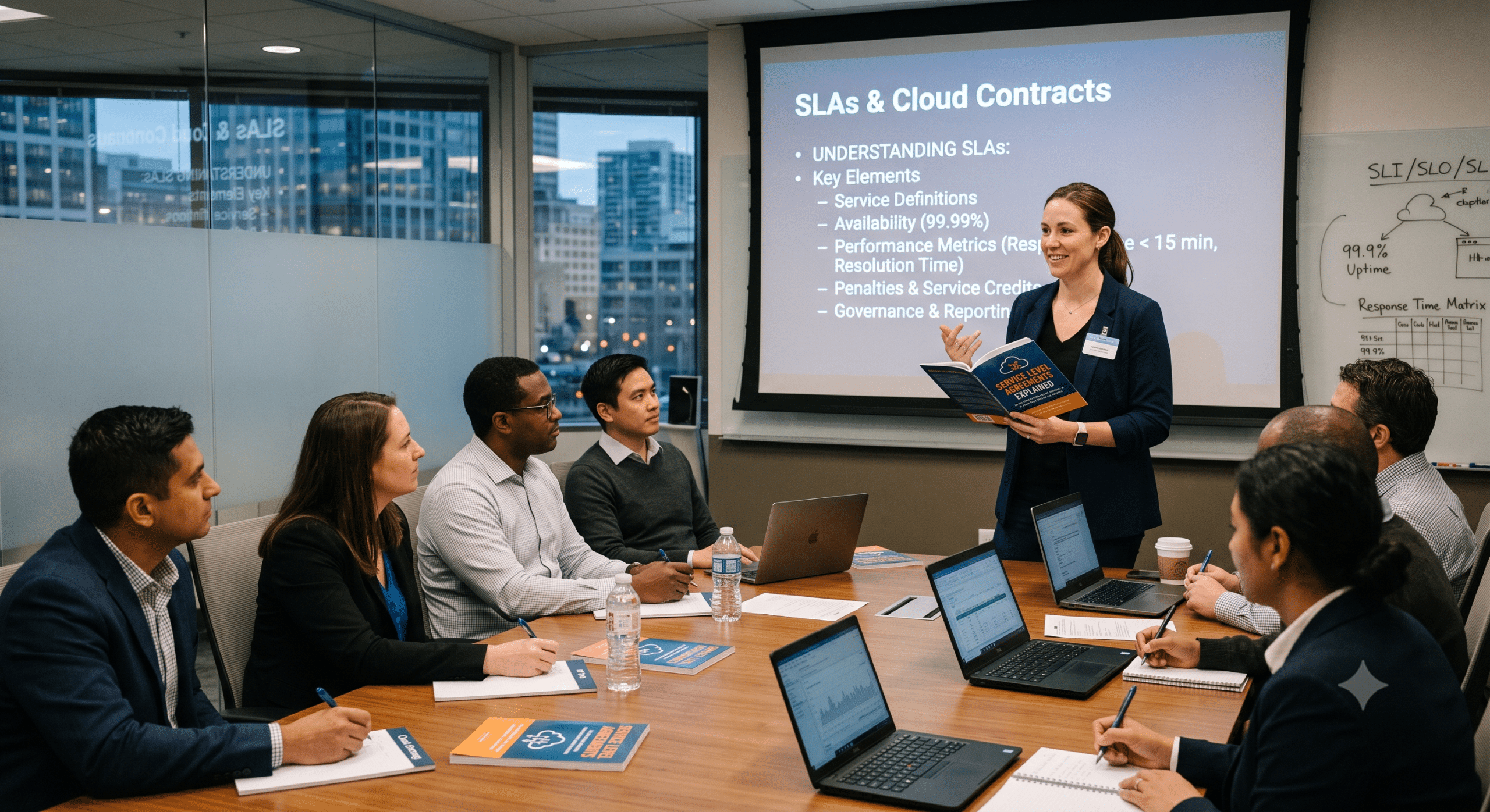 Service level agreements explained during an IT and cloud contracts presentation covering SLA commitments, uptime, performance metrics, service credits, and contract negotiations.