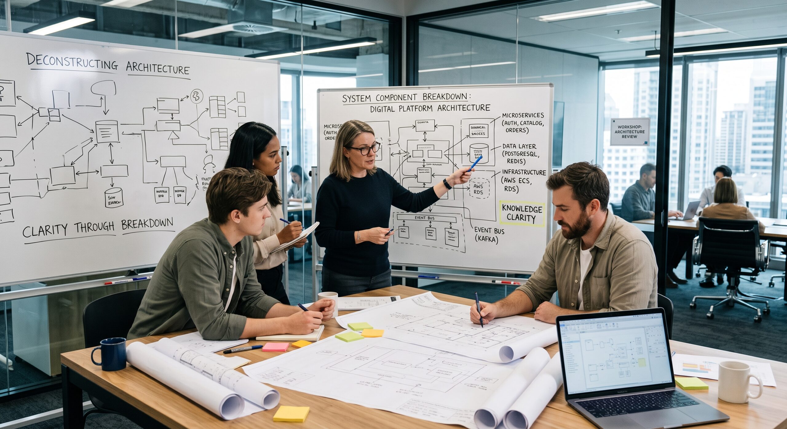 System component breakdown workshop showing architects reviewing digital platform architecture diagrams on whiteboards