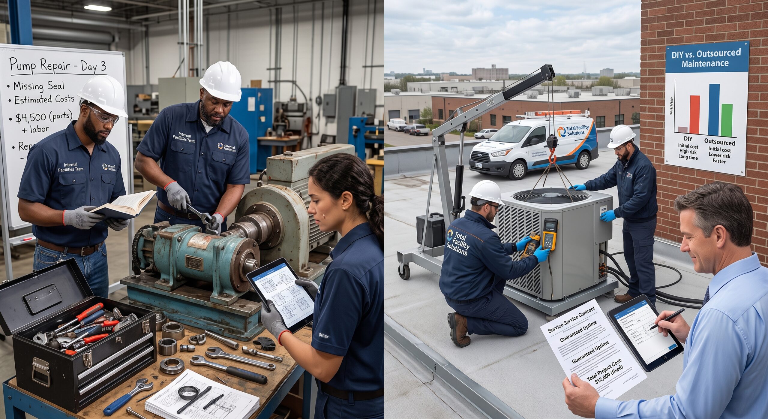 DIY vs outsourced maintenance comparison showing technicians repairing industrial equipment and servicing a commercial HVAC unit