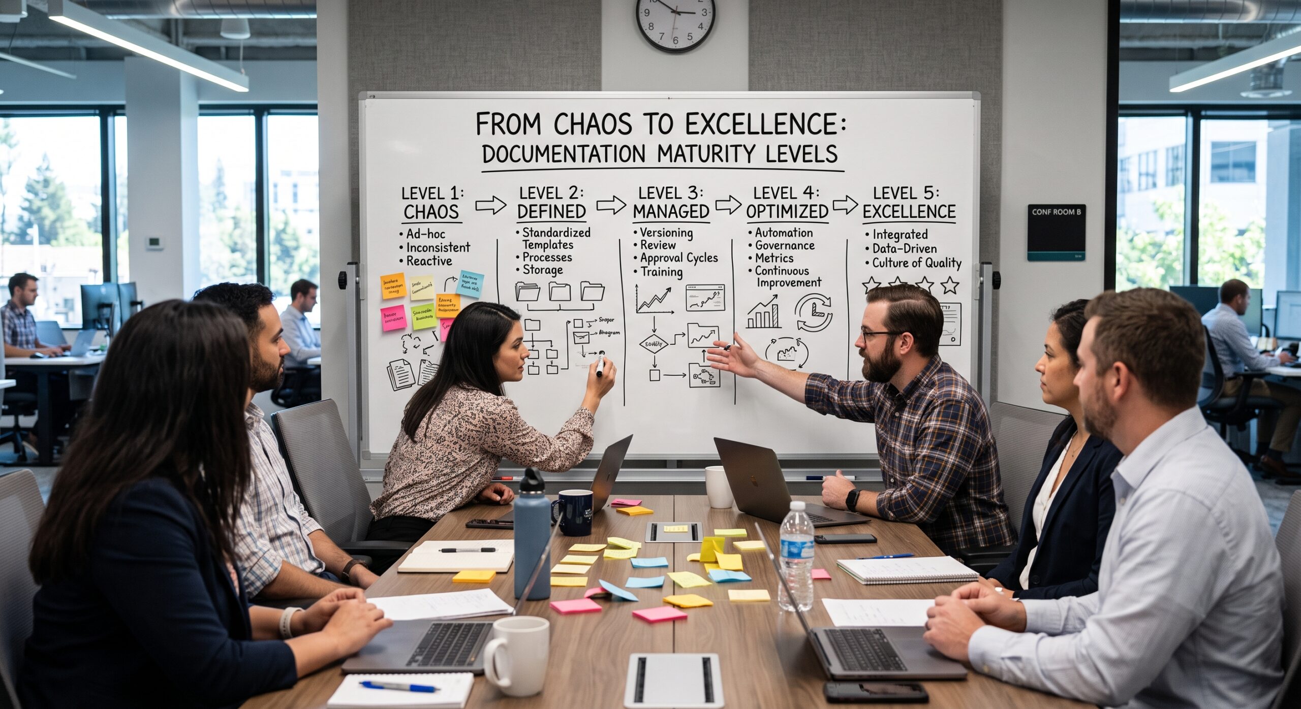 Documentation maturity levels framework showing progression from chaotic processes to defined, managed, optimized, and excellent documentation