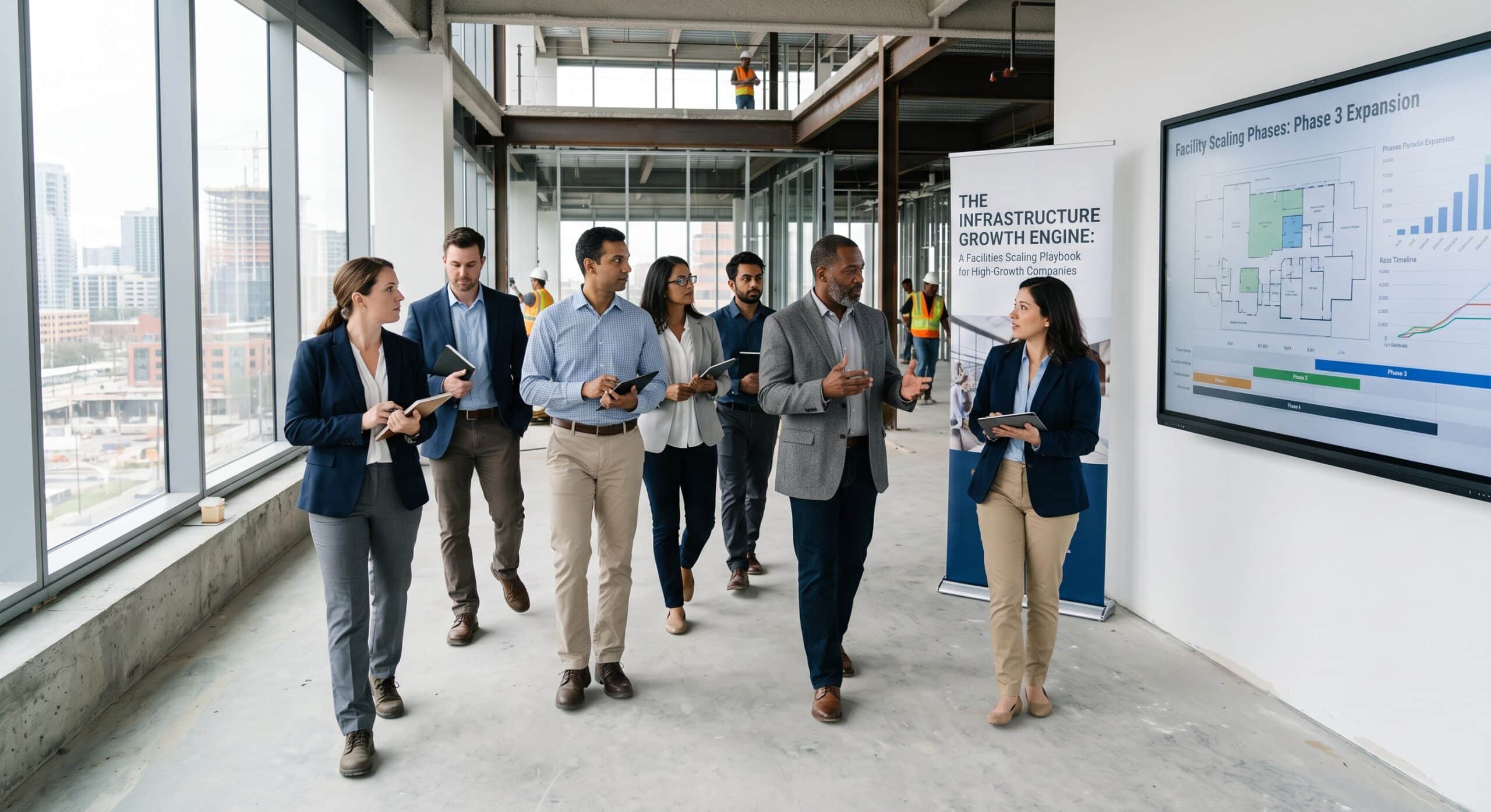 Facilities scaling playbook showing a team reviewing infrastructure expansion plans and facility growth phases