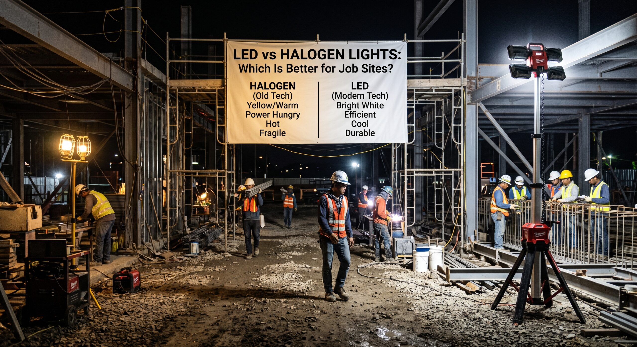 LED vs halogen lights illuminating a construction site during nighttime work