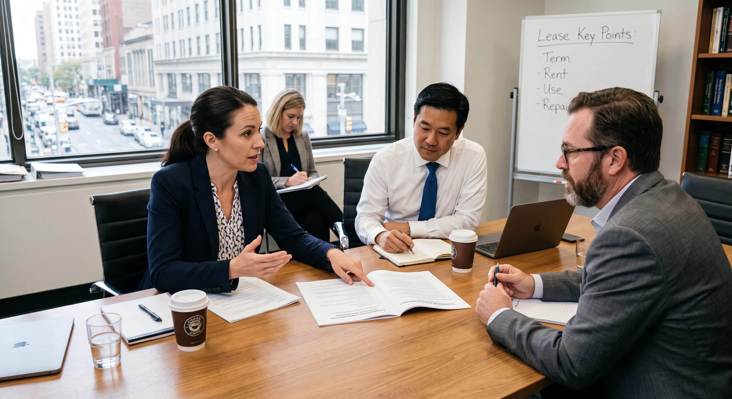 Lease negotiation meeting with business professionals reviewing contract terms, rent, use, and repair responsibilities