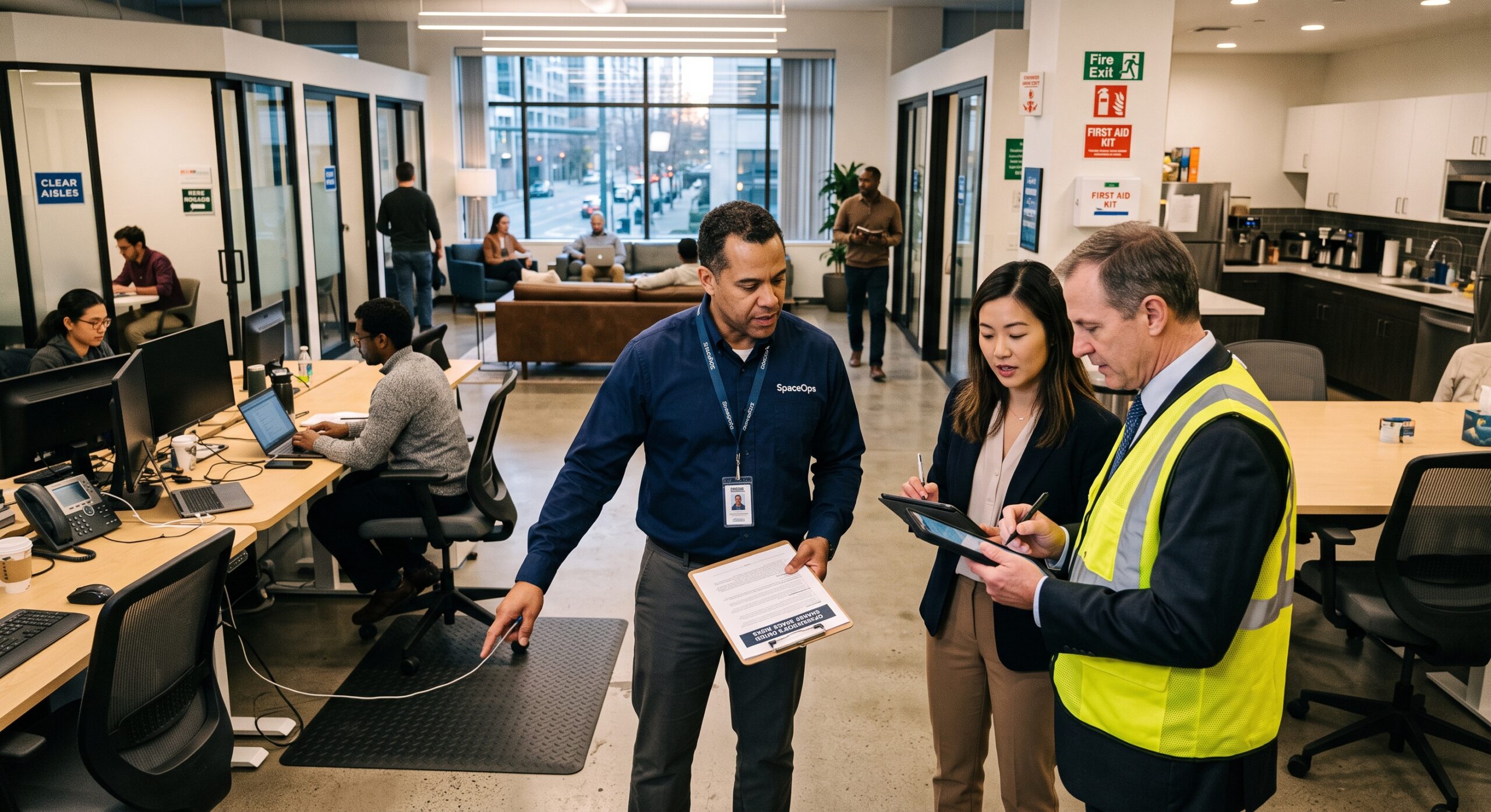 IT professionals conducting a workplace safety and infrastructure assessment in a shared office space