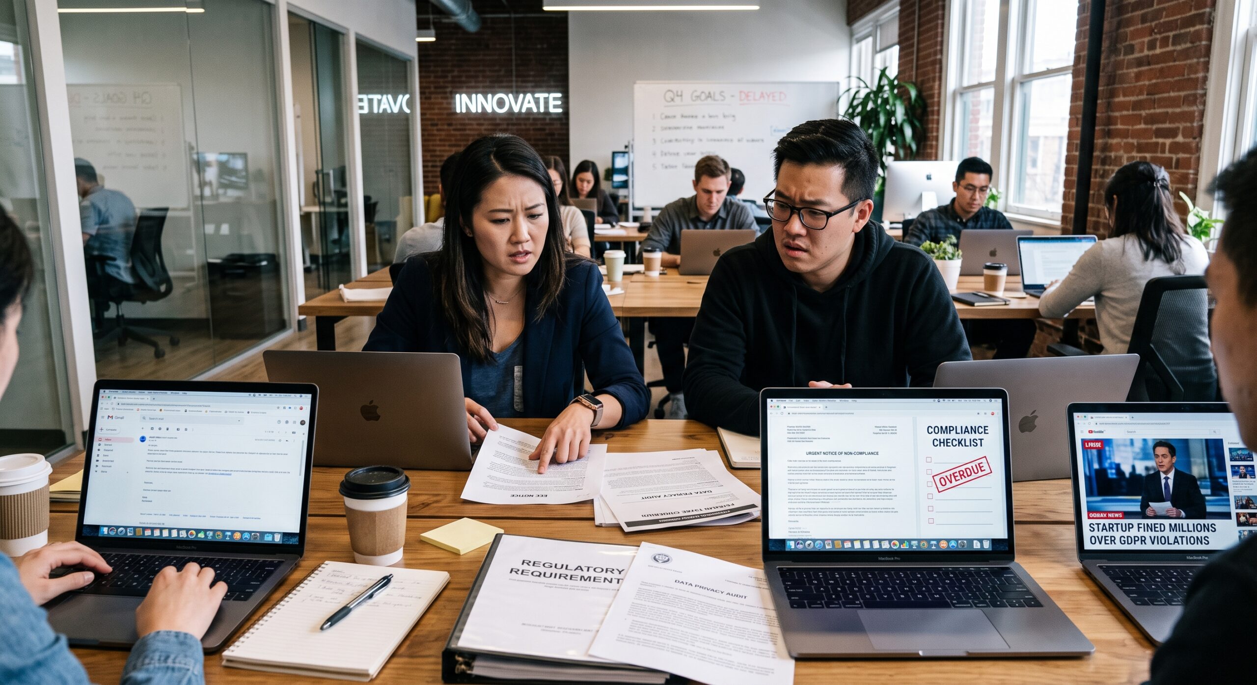 Startup compliance team reviewing regulatory requirements, data privacy audits, and GDPR compliance issues in an office meeting
