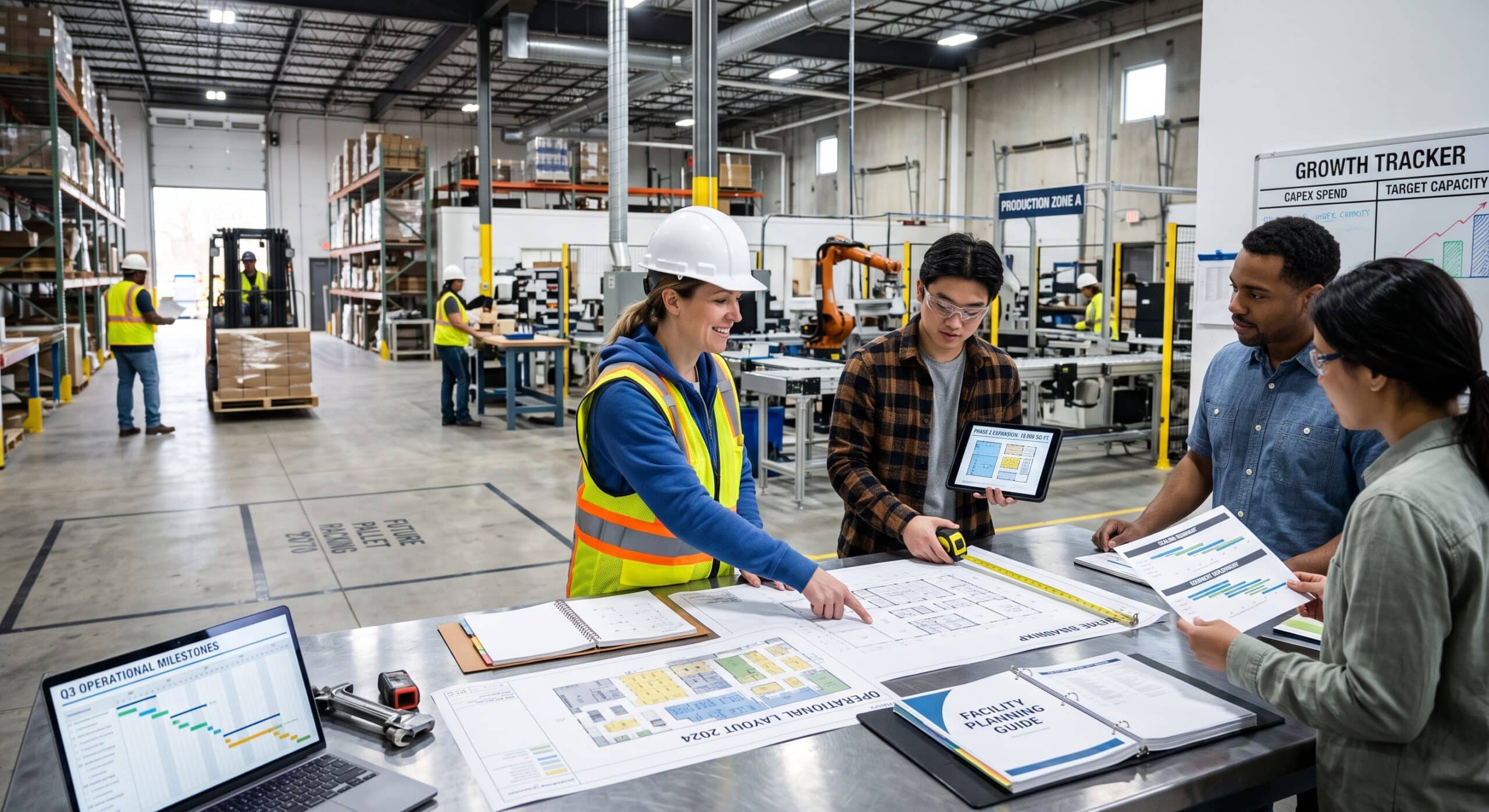Startup facility planning team reviewing factory layout, floor plans, operational milestones, and capacity requirements