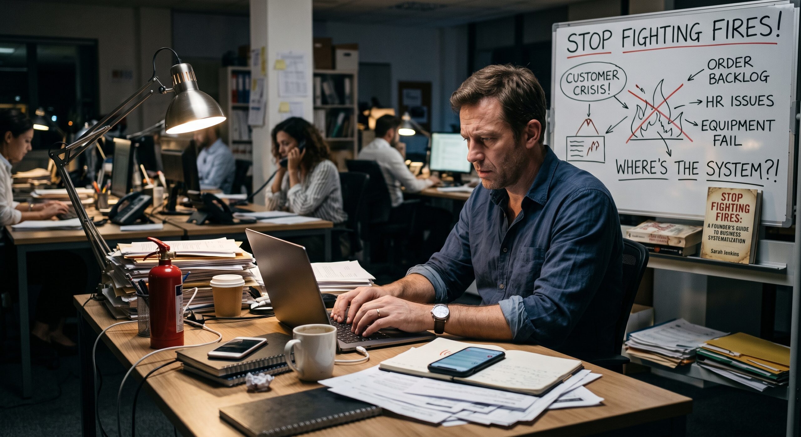 Business professional working on systematization strategies while managing operational challenges and recurring workplace issues