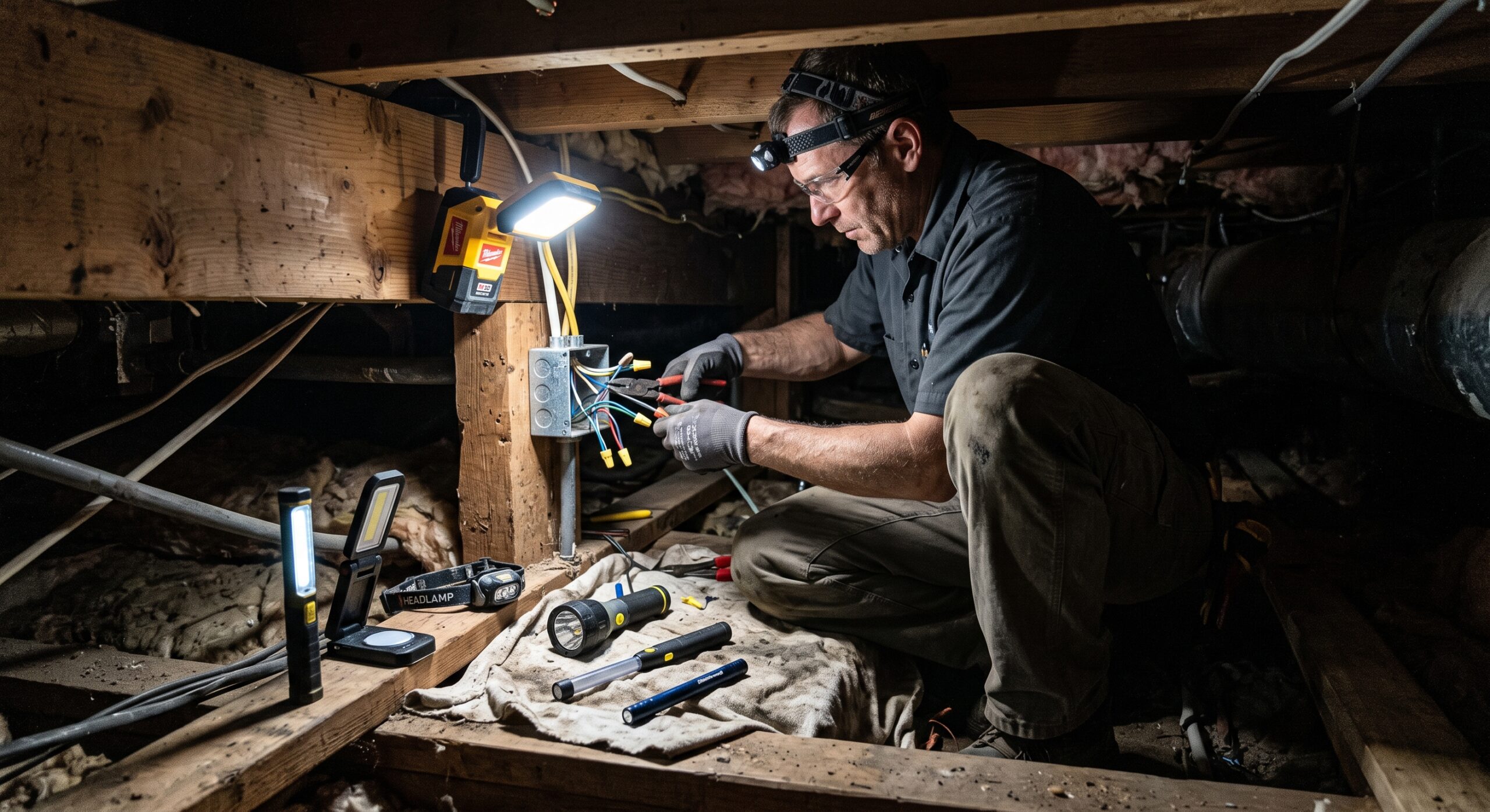 Electrician using portable work lights while repairing electrical wiring in a crawl space