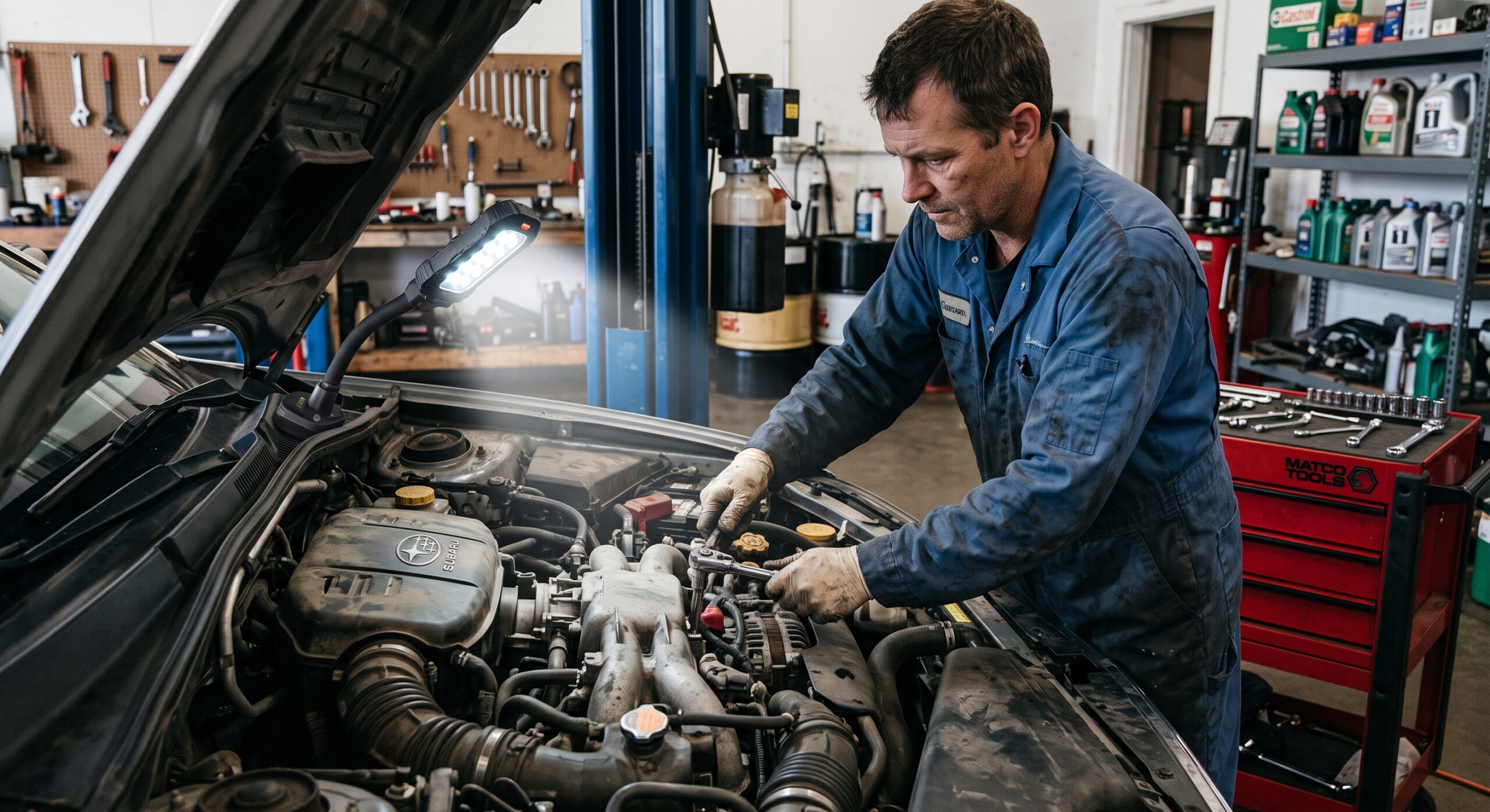 Mechanic using a magnetic work light while repairing a car engine