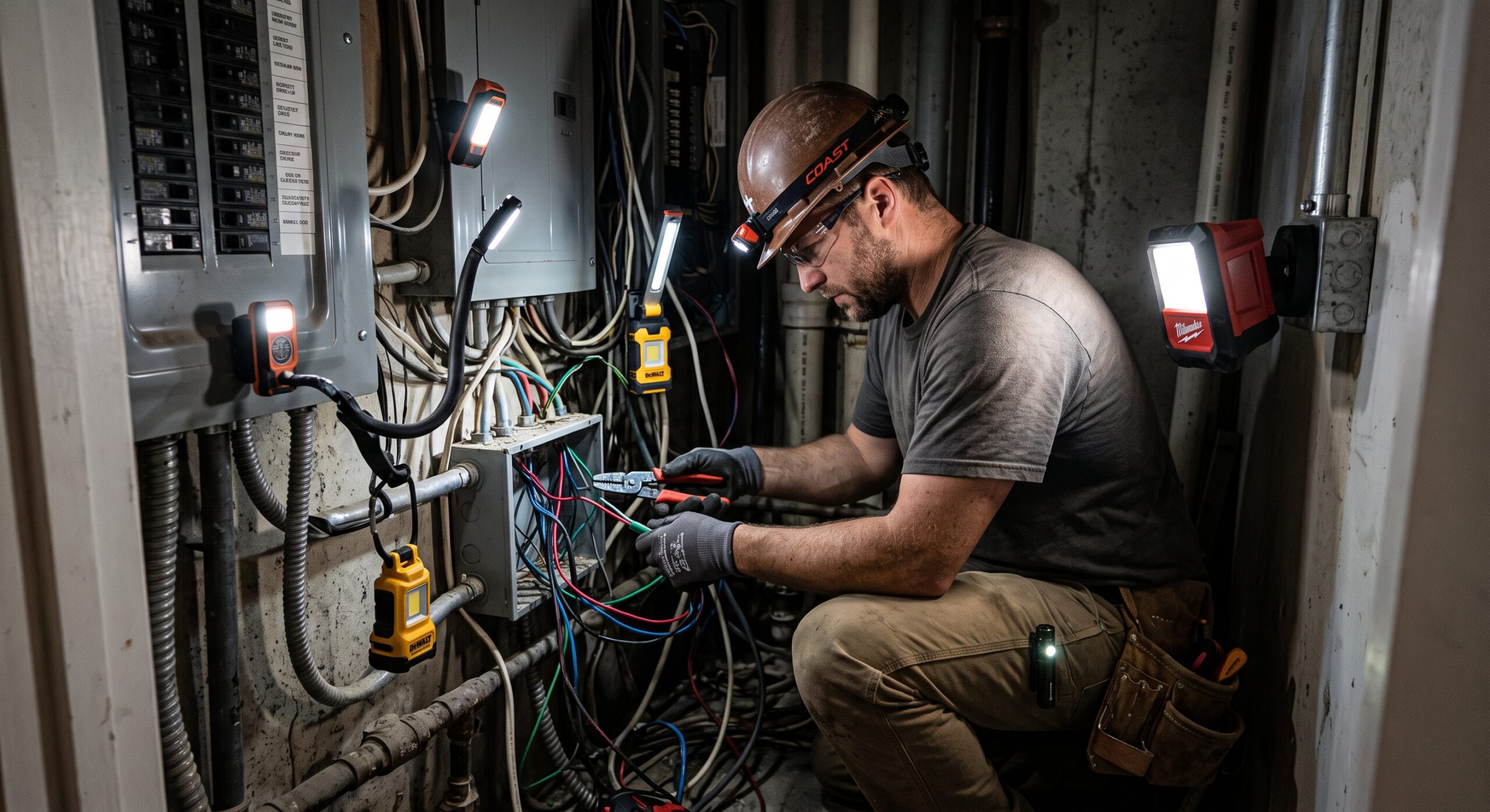 Electrician using a rechargeable LED work light during an electrical installation at a construction site