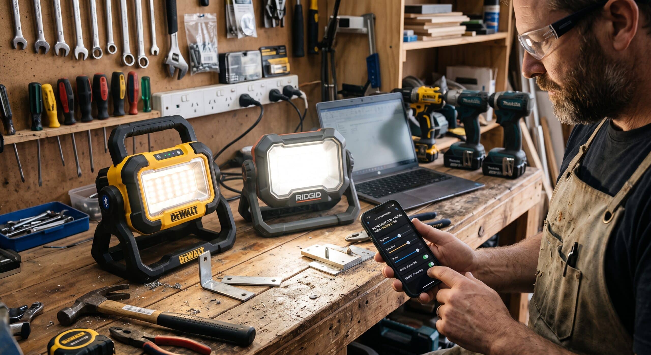 Smart LED work lights on a workshop bench with a contractor using a mobile app for light control