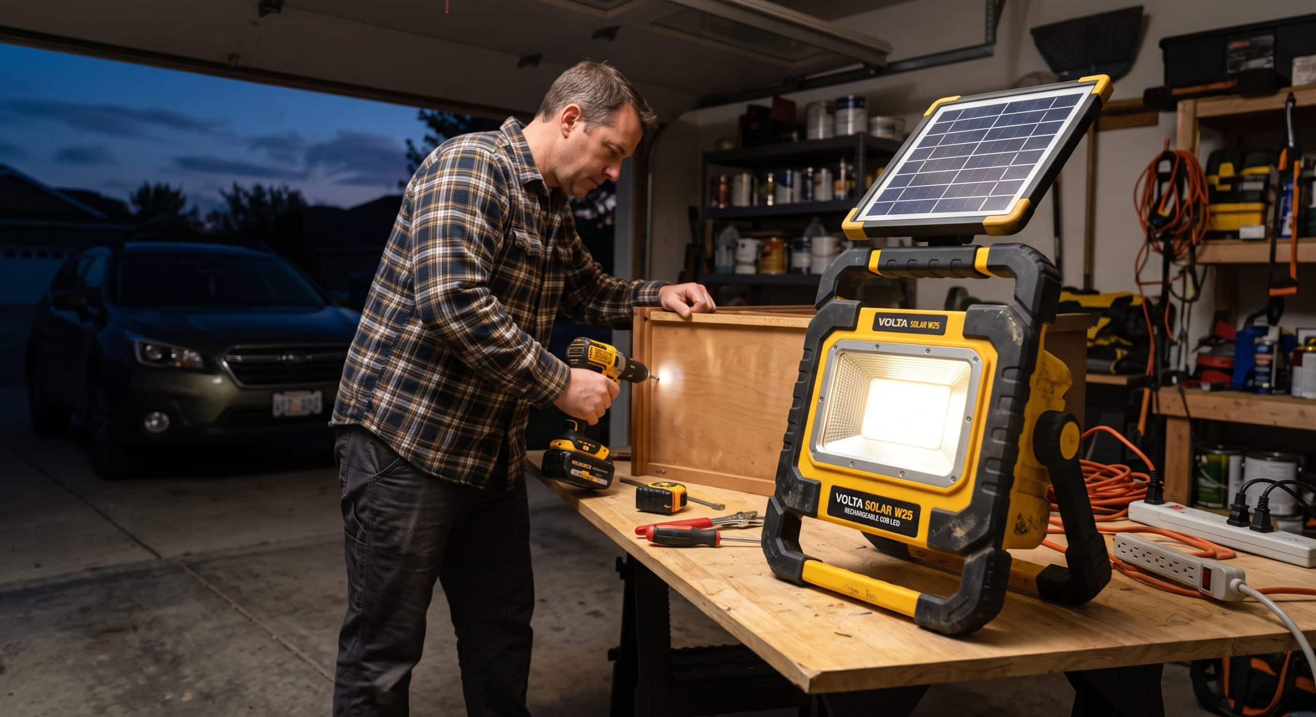 Solar rechargeable work light illuminating a garage workshop during an evening project