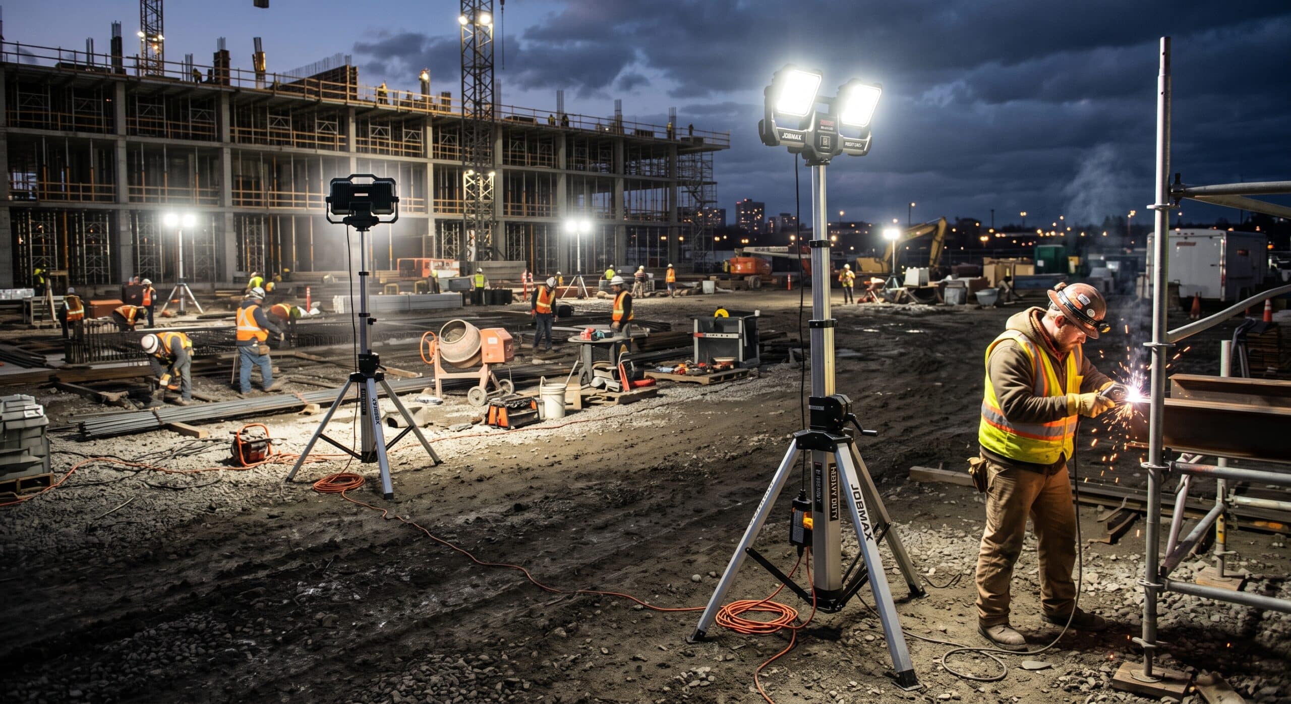 Tripod work lights illuminating a construction site during nighttime welding work