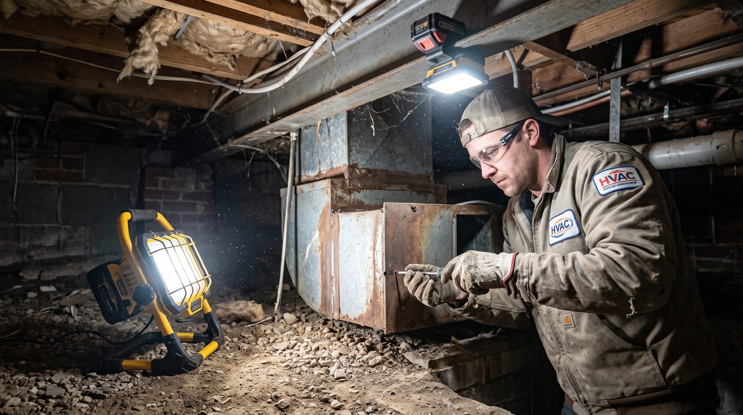 HVAC technician using LED work lights in a basement mechanical area