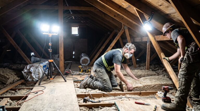 Roofing and insulation crew using LED work lights to illuminate an attic during insulation installation