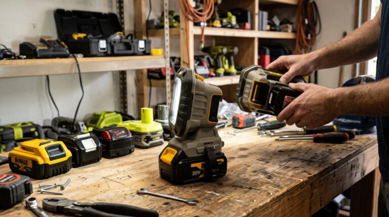 Cordless battery work light with compatible power tool batteries on a workshop bench