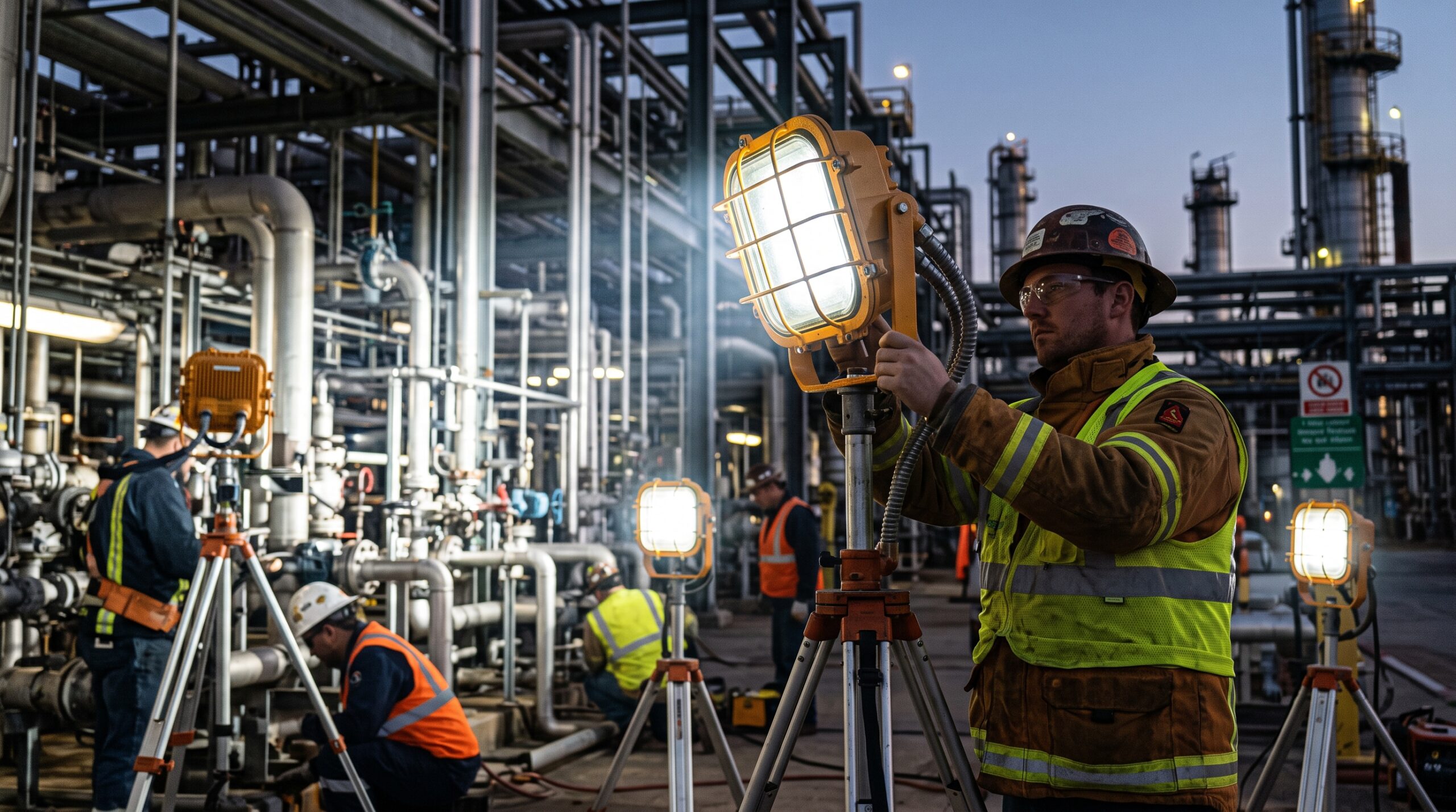 Explosion-proof LED work light used by contractors at an industrial site