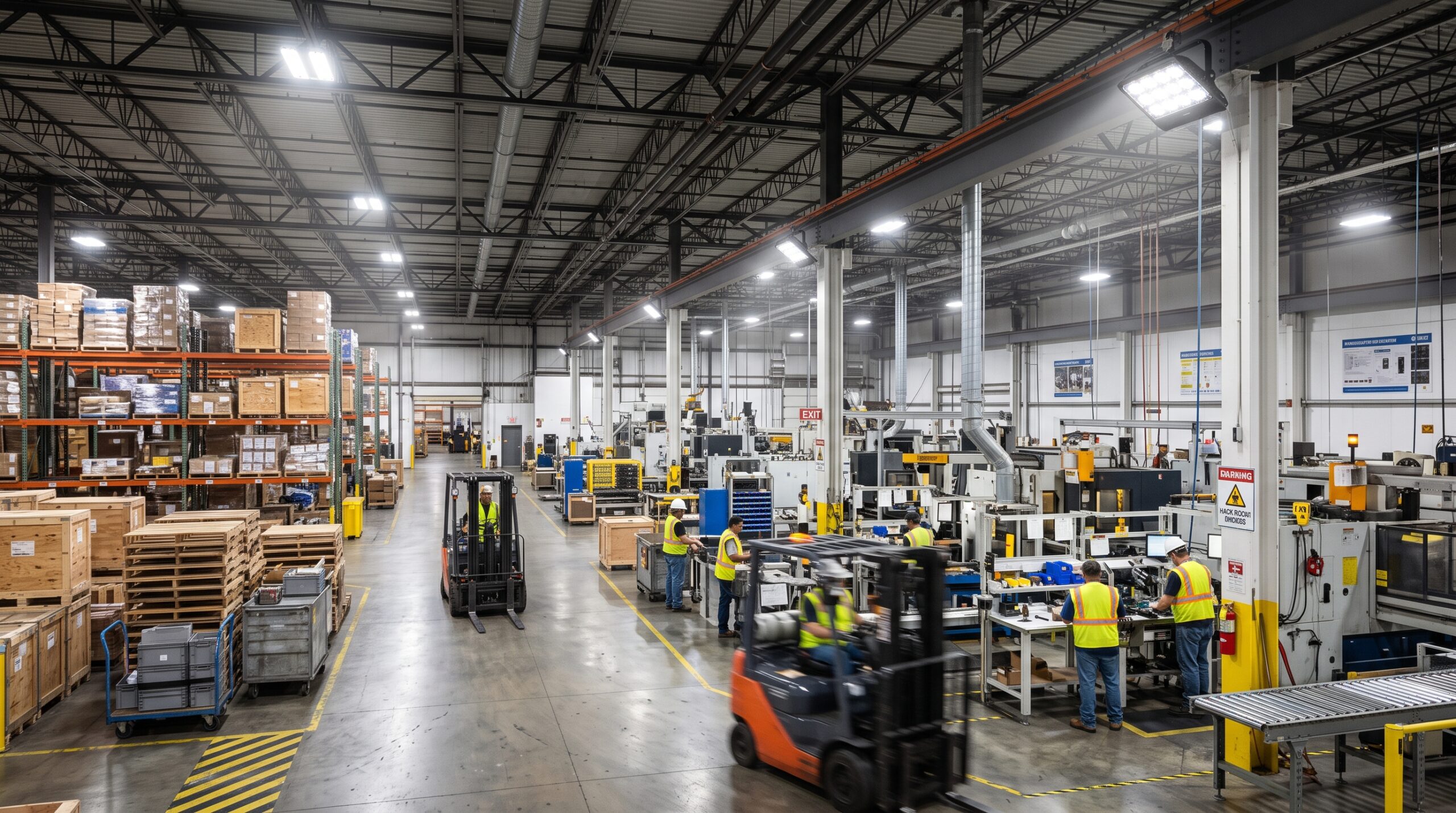 Industrial LED flood lights illuminating a warehouse and manufacturing floor