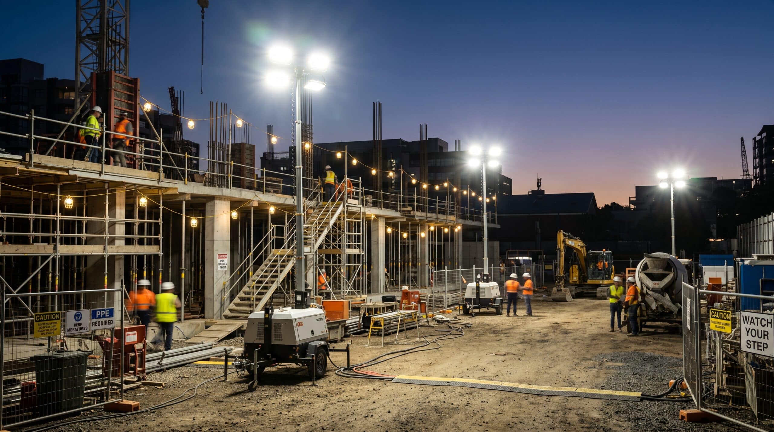Job site lighting requirements with construction workers on a nighttime building site